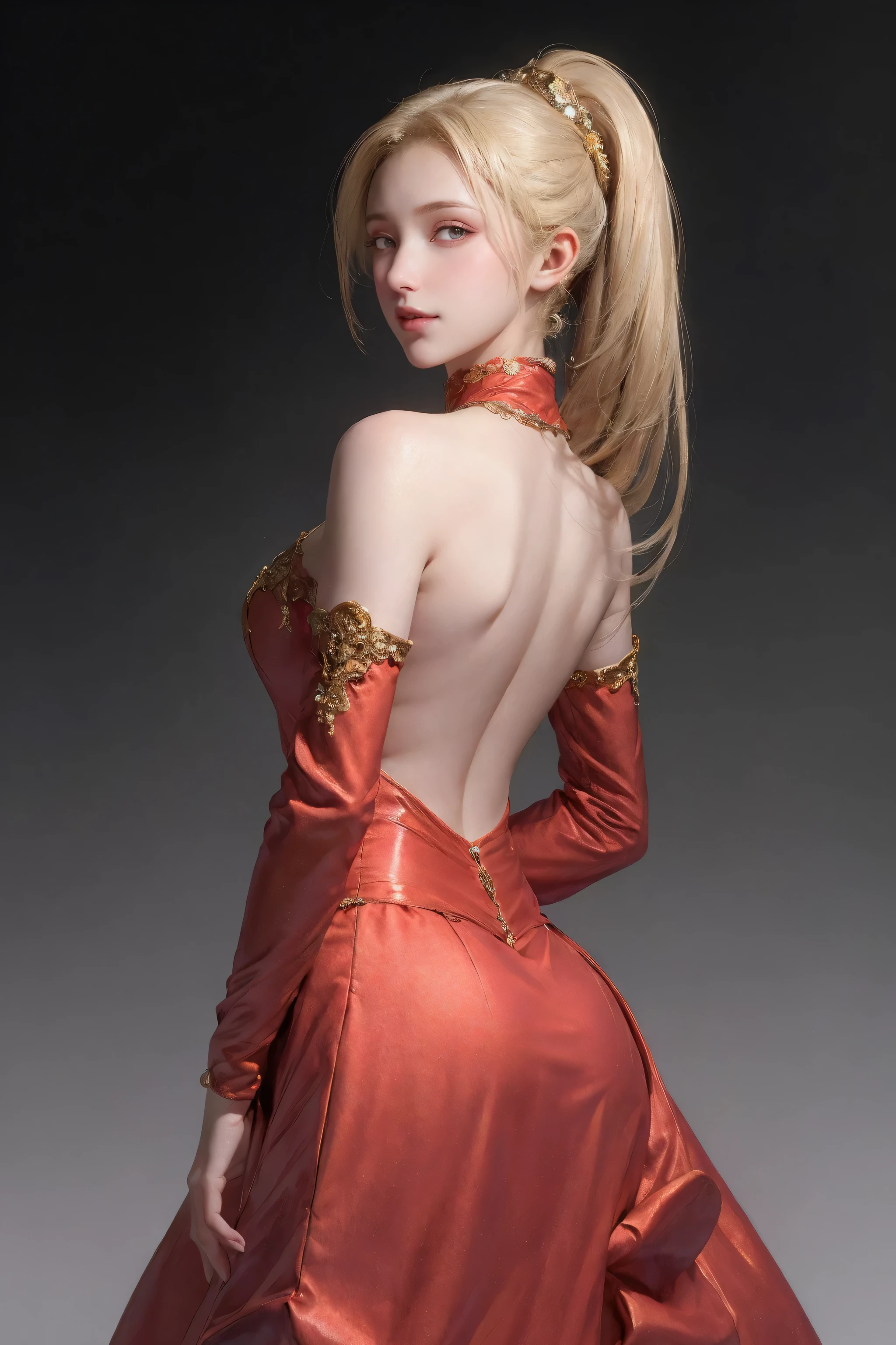 (masterpiece, best quality:1.2), Very detailed, Detailed hair, soft skin,

1 girl, alone, Permanently installed, Upper body, from behind,

blonde hair, long hair, high ponytail, long ponytail,

red eyes, long eyelashes, thick eyelashes, looking at the audience,

red dress, backless dress, Gorgeous dresses, puffy skirt, long skirt, puffy sleeves, Juliet sleeves, long sleeves,

nude,

black background,

