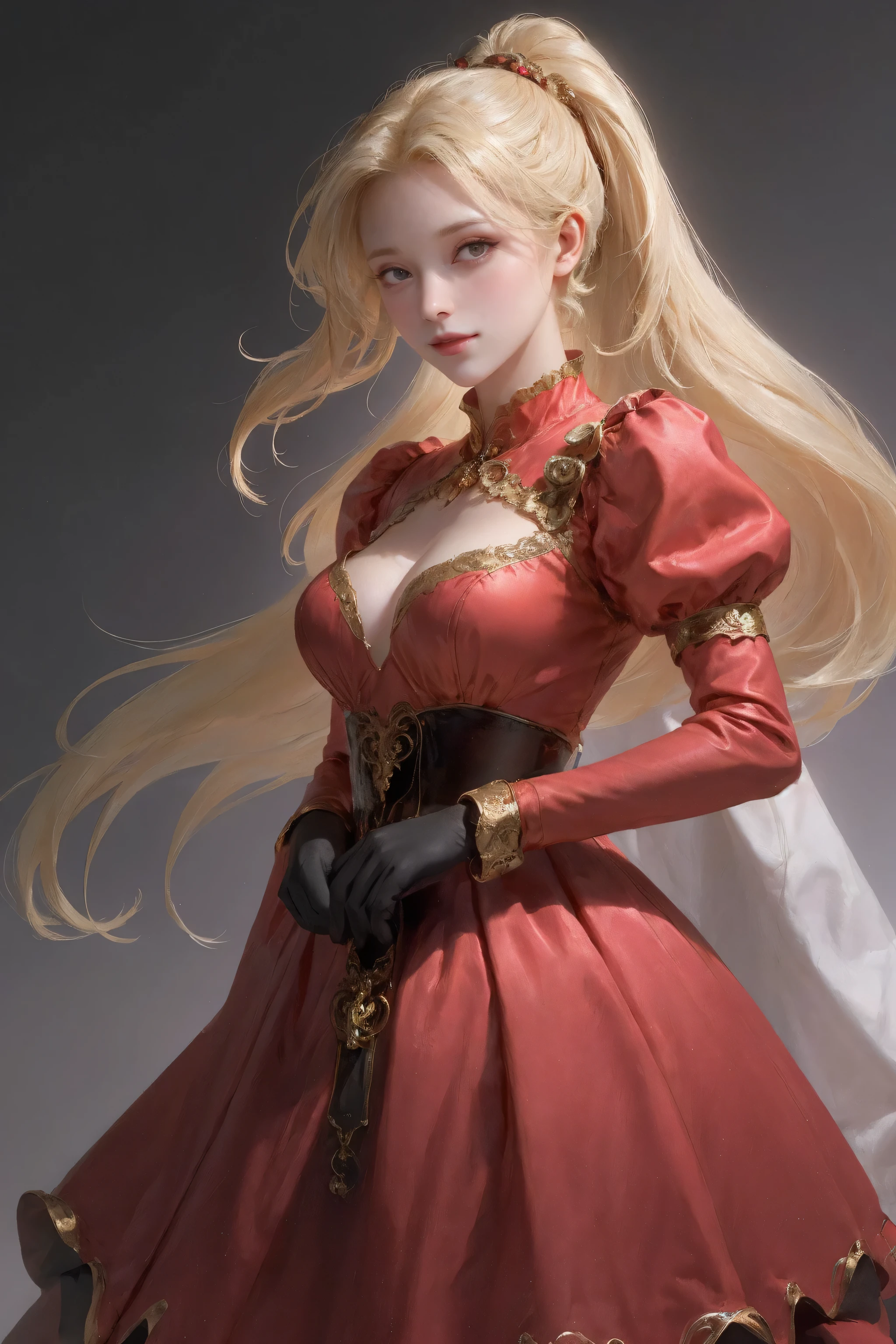 (masterpiece, best quality:1.2), Very detailed, Detailed hair, soft skin,
1 girl, alone, Permanently installed, Upper body, from behind,
blonde hair, long hair, high ponytail, long ponytail,
red eyes, long eyelashes, thick eyelashes, looking at the audience,
red dress, backless dress, Gorgeous dresses, puffy skirt, long skirt, puffy sleeves, Juliet sleeves, long sleeves,
nude,
black background,
