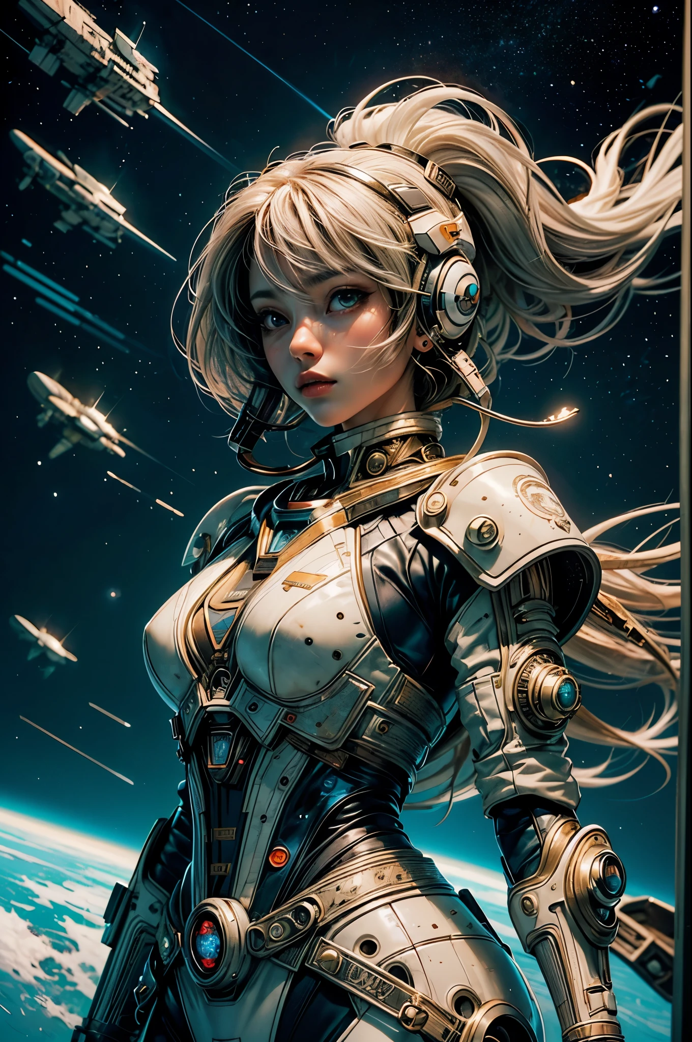 tmasterpiece，1 monk warrior girl with white tech suit clothes，White long hair，laces，abstract vintage scifi background，art by Moebius，Ashley Wood's art，dynamicposes，Wandering Earth，Space Starry Sky