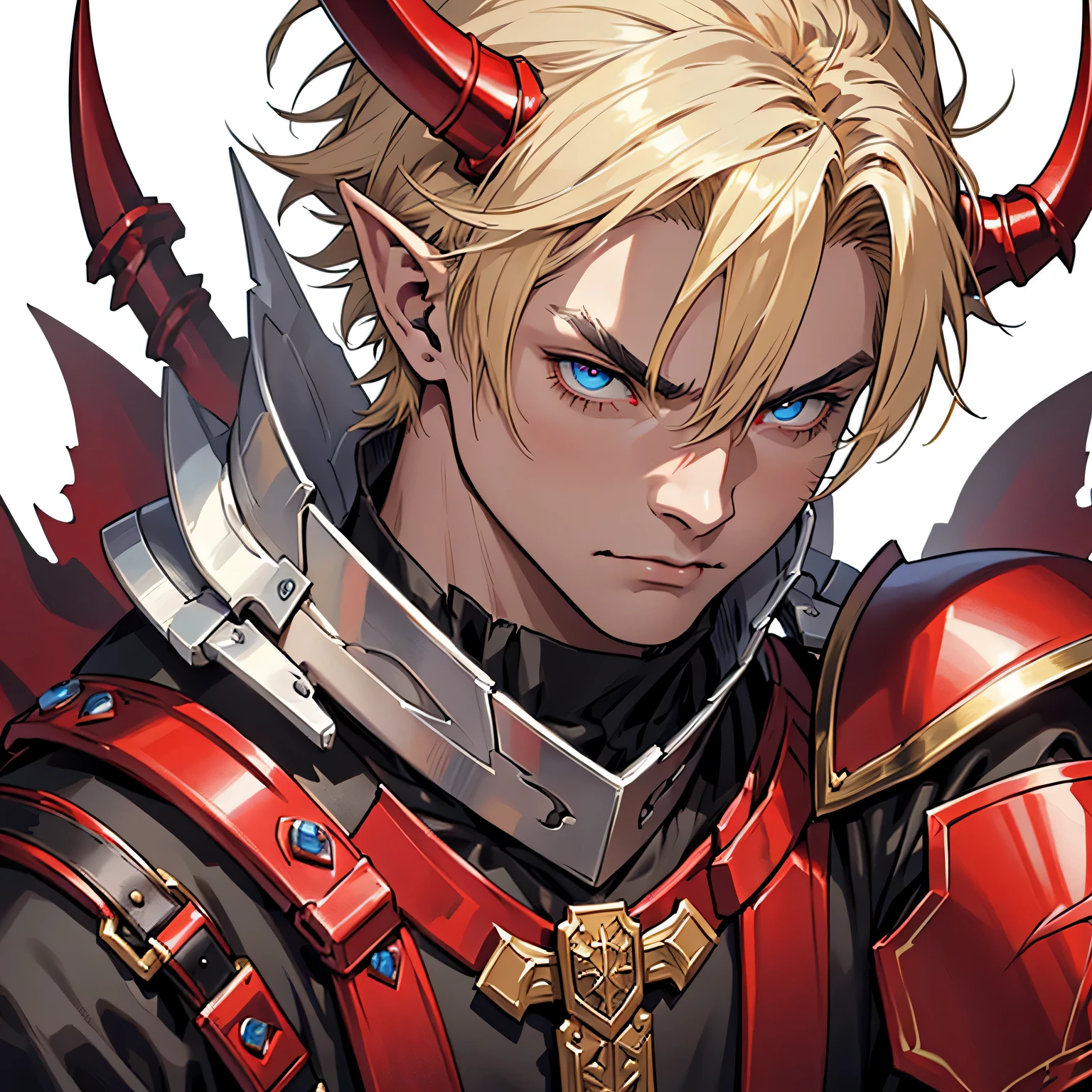 anime medieval art, masterpiece, best quality, male, solo, portrait, detailed composition, detailed eyes, detailed hair, (((white background))), short spiky hair, elf, blond hair, angry face, (((wearing black clothes with red armor))), devil horns, glowing blue eyes, masculine