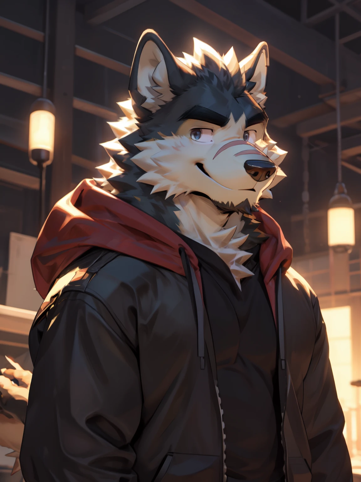 masterpiece, best quality, nj5hairy,hairy male, 1 boy, hairy, male focus, alone,animal ears, formal, wolf ears,wolf boy, Smile ,
白色fur, fur, 棕色fur, 双色调fur,black eyes, black shirt, red hood, black hoodie,  thick eyebrows, Tail, There are scars on the eyes,yellow ears, 
((whole body,)), 
by chuni