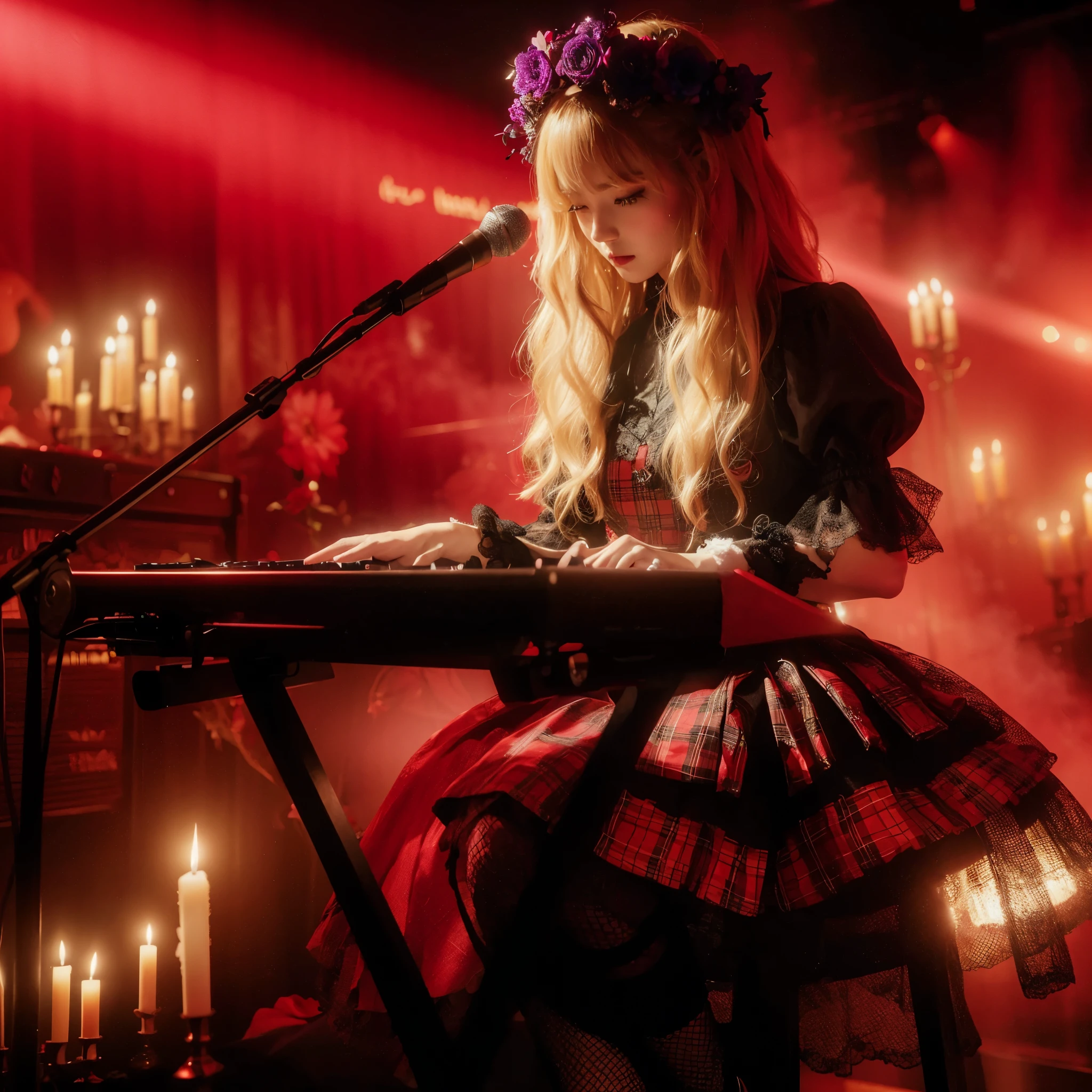 ((very sharp photo result & detailed face)) (((textile shading))), (((Best Quality))), (((masterpiece))) (((hyper realistic photo)) red light mood, a japanese keyboardist girl performing on stage, blonde wavy hairs, purple flower crown, wear tartan gowns black lace, net stockings & boots, at dark stage performance red smoke & candles on a night concert, band member as background, dark dramatic spotlight lamp on her, taken with hasselblad camera. HDR10 8K