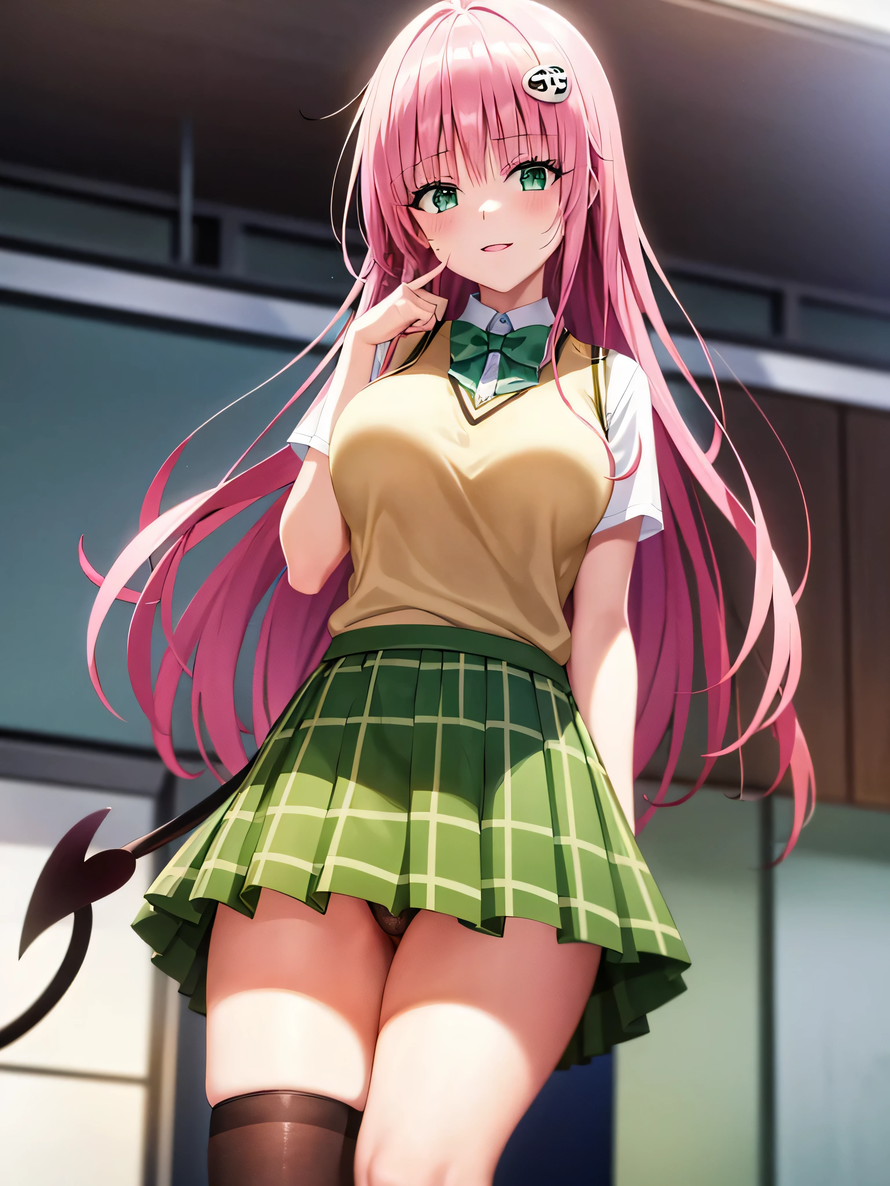 highest quality, 8k, best image quality, anime, comics, one girl, pink hair, long hair, green eyes, looking at the viewer, official artwork, 詳細なanime原画, complete art, full body shot, young face, slender body shape, double eyelid, Whitening skin, giggle, pink cheeks, green plaid short skirt, white shirt, beige cardigan, cute underwear, dig into underwear, looking up from below, School classroom, devil's tail, devil's tail, show panties, camel toe, big breasts, School, (from below:1.3), devil's tail, devil's tail, white round hairpin