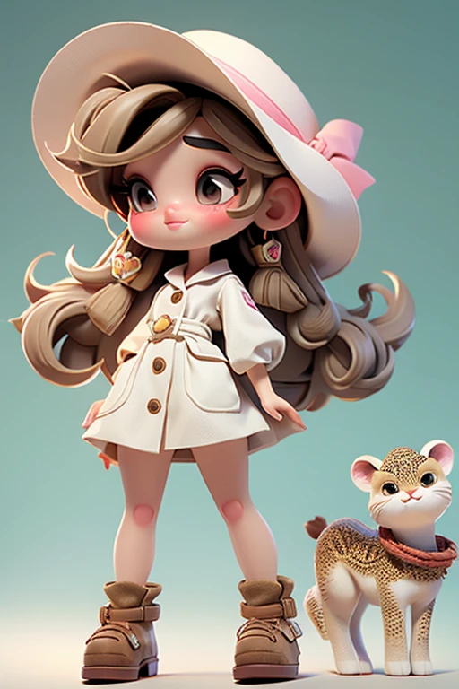 Create a series of cute cibi-style dolls on a cute safari theme, each with a lot of details and 8K resolution. All dolls must have the same solid background pattern and be completed in the image., showing (whole body, including legs: 1.5) Mini Safari Doll: Call her Marina. She must have short black and brown hair. Your eyes should be large and expressive, with long eyelashes and rosy cheeks. A gentle and white smile. Marina should be wearing a dress and a richly decorated safari hair band and cowboys shoes. She should wear the safari accessories.. Certifique-se de adicionar detalhes us clothes such as buttons and pockets, beautiful shoes. Be sure to add shadows, textures and details to your hair, clothes, Safari dishes to make them even more charming and charming.