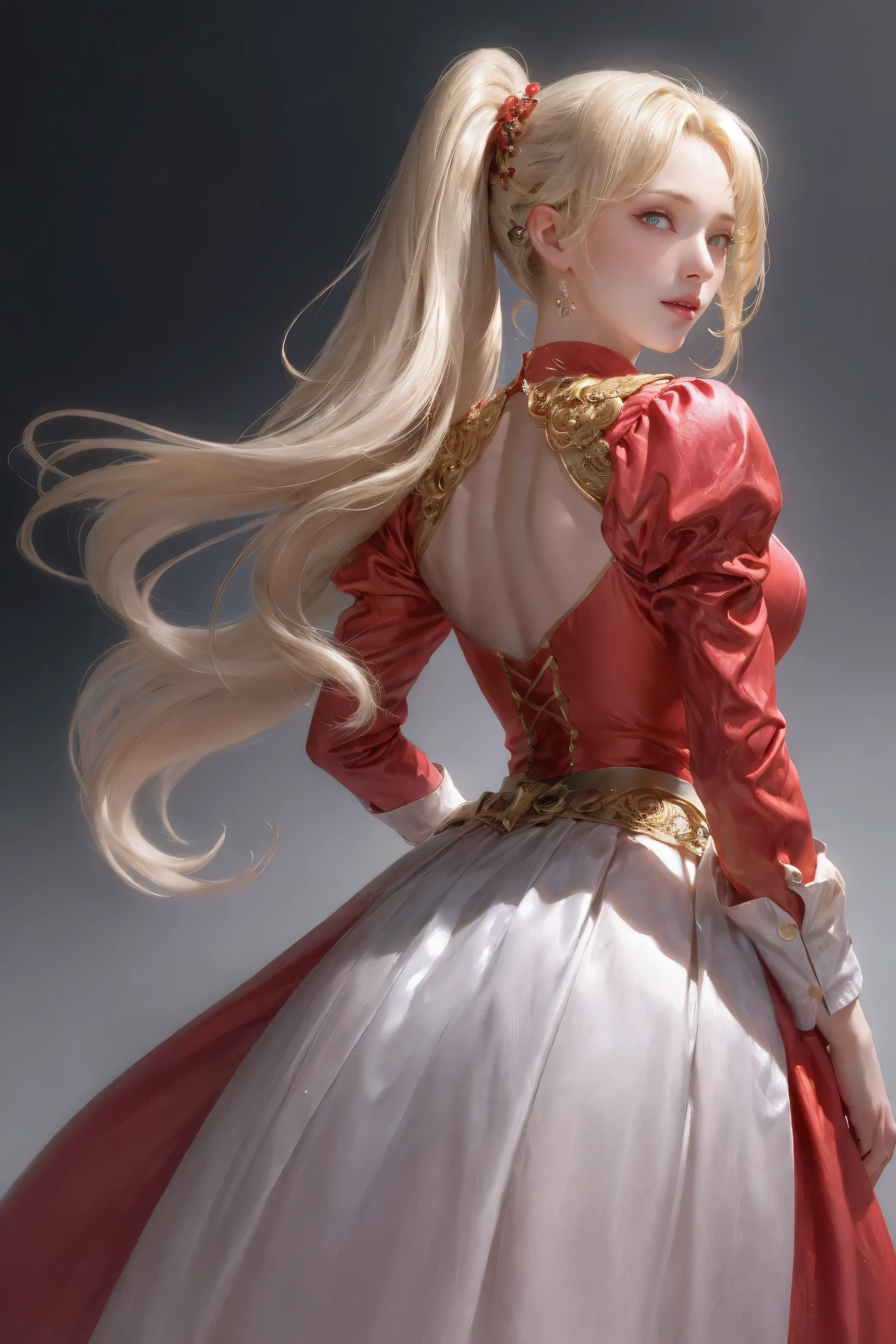(masterpiece, best quality:1.2), Very detailed, Detailed hair, soft skin,
1 girl, alone, Permanently installed, Upper body, from behind,
blonde hair, long hair, high ponytail, long ponytail,
red eyes, long eyelashes, thick eyelashes, looking at the audience,
red dress, backless dress, Gorgeous dresses, puffy skirt, long skirt, puffy sleeves, Juliet sleeves, long sleeves,
nude,
black background,