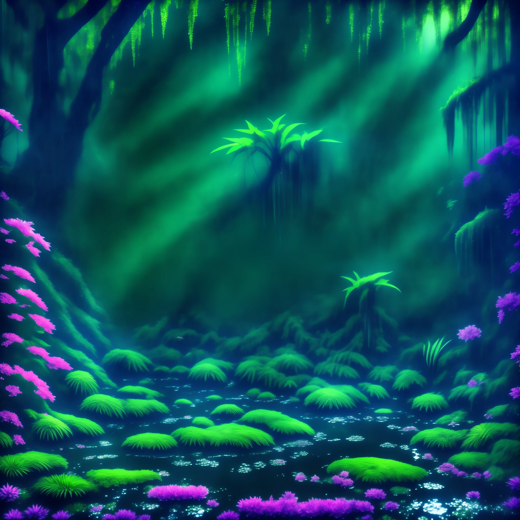 (masterpiece best quality:1.2) Swamp, Roots, Flowers, water, Pond, aquatic vegetation, manicured pond, garden pond, rocks, leaves, aquatic vegetation, darkness, Prehistoric forest, horsetails, ((forest)), jungle, palms, ((ferns)), (((castor plants))), castor flowers, huge plants carboniferous forest, 3d art, anime art, dynamic light, (((digital art)))