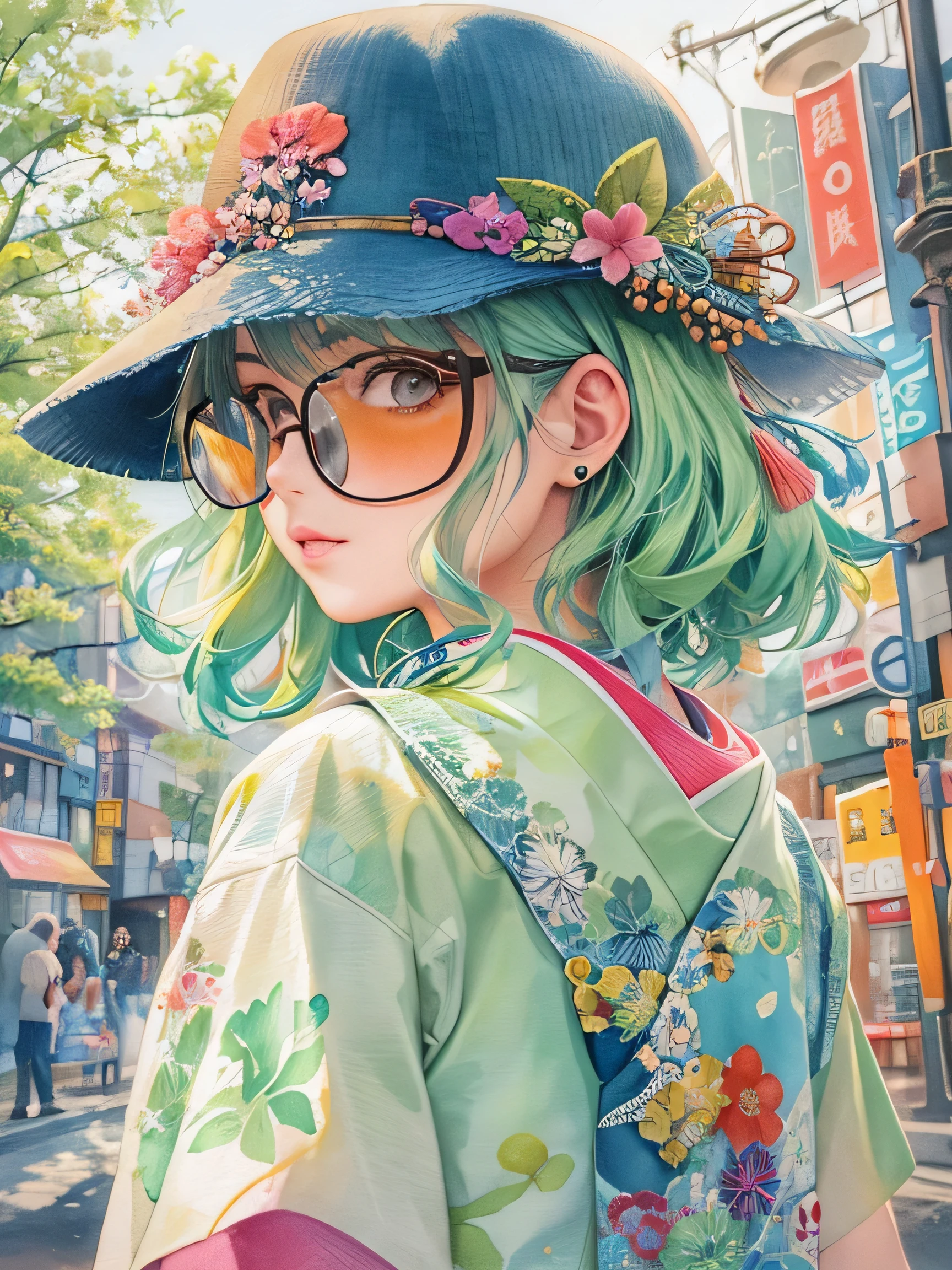 8K quality, watercolor painting, stylish design, (((The strongest beautiful girl of all time))), (((Japanese)))、AKB48、stylish glasses, Fashionable hats, (((highest quality))), bob hair, HDR, ((Detailed details)), Fashionable T-shirts, detailed clothing texture, (((spring street corner))), colorful hair, ((masterpiece))、((Super detailed))、colorful flowers、