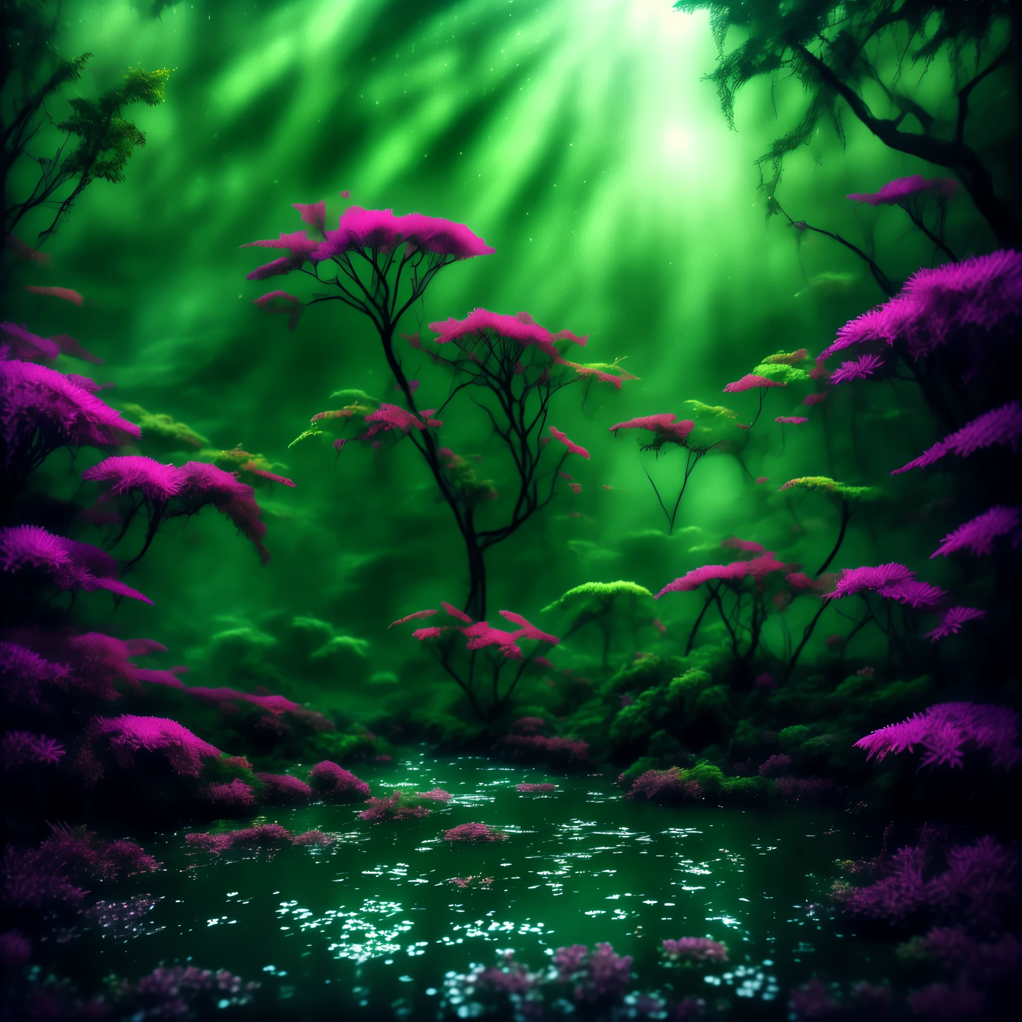 (masterpiece best quality:1.2) Swamp, Roots, Flowers, water, Pond, aquatic vegetation, manicured pond, garden pond, rocks, leaves, aquatic vegetation, darkness, Prehistoric forest, horsetails, ((forest)), jungle, palms, ((ferns)), (((castor plants))), castor flowers, huge plants carboniferous forest, 3d art, anime art, dynamic light, (((digital art)))