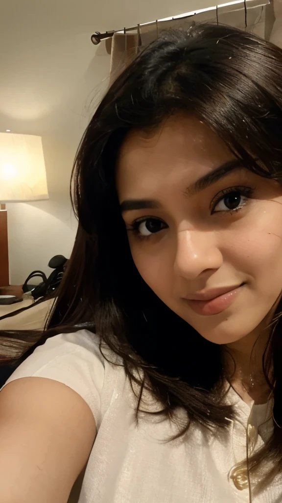Pakistani actress, pinterest, taking a selfie, Indonesia bedroom background, hand hidden, light skin, no hand shown, half body, close up, in her bed, ((selfie)), ((close up)), (()), 17 yo