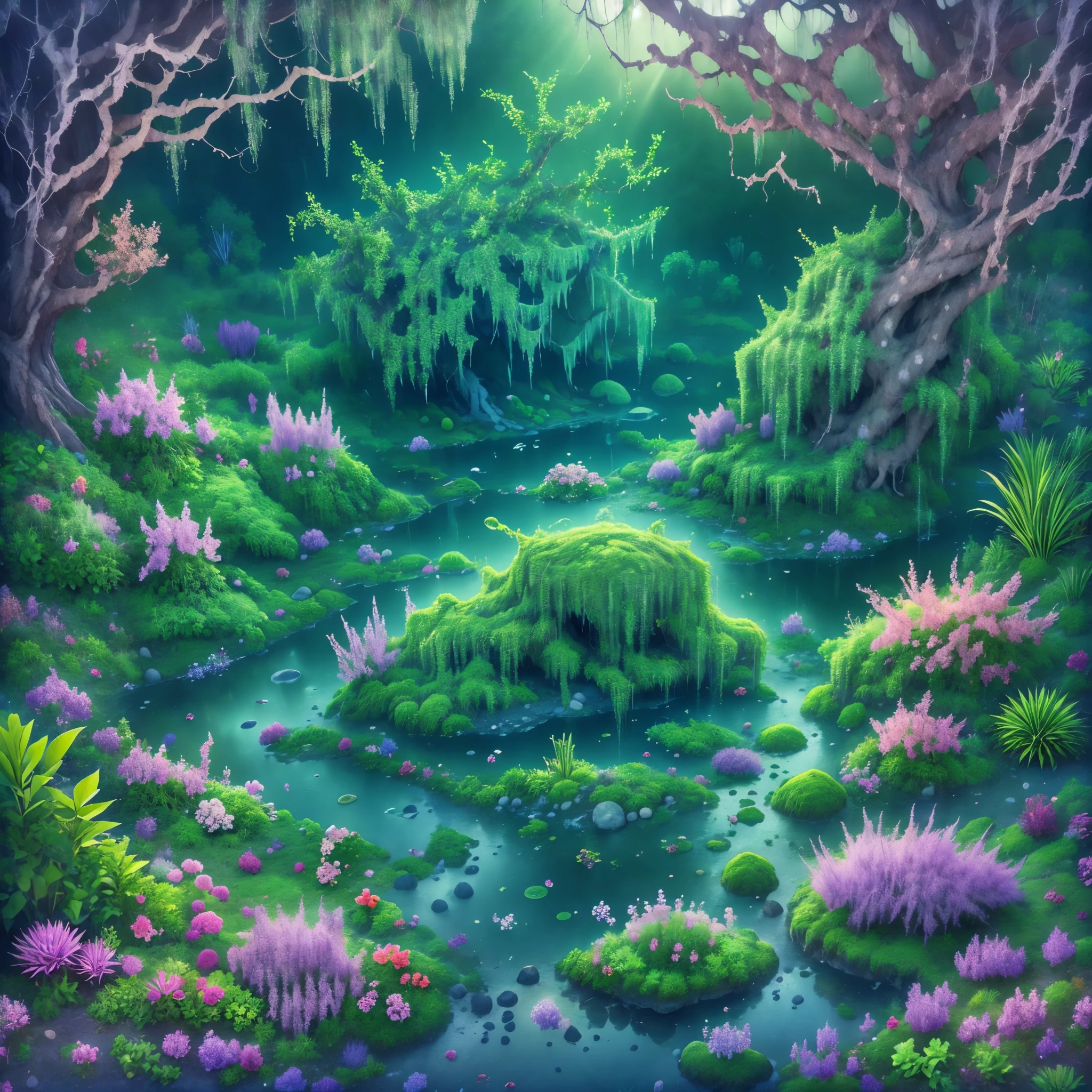 (masterpiece best quality:1.2) Swamp, Roots, Flowers, water, Pond, aquatic vegetation, manicured pond, garden pond, rocks, leaves, aquatic vegetation