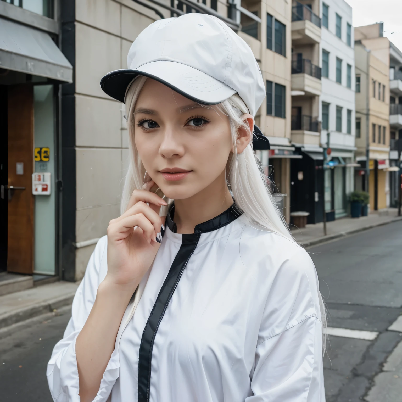 Anime woman with white hair, wearing a hat, holding a phone, in a prosperous neighborhood.