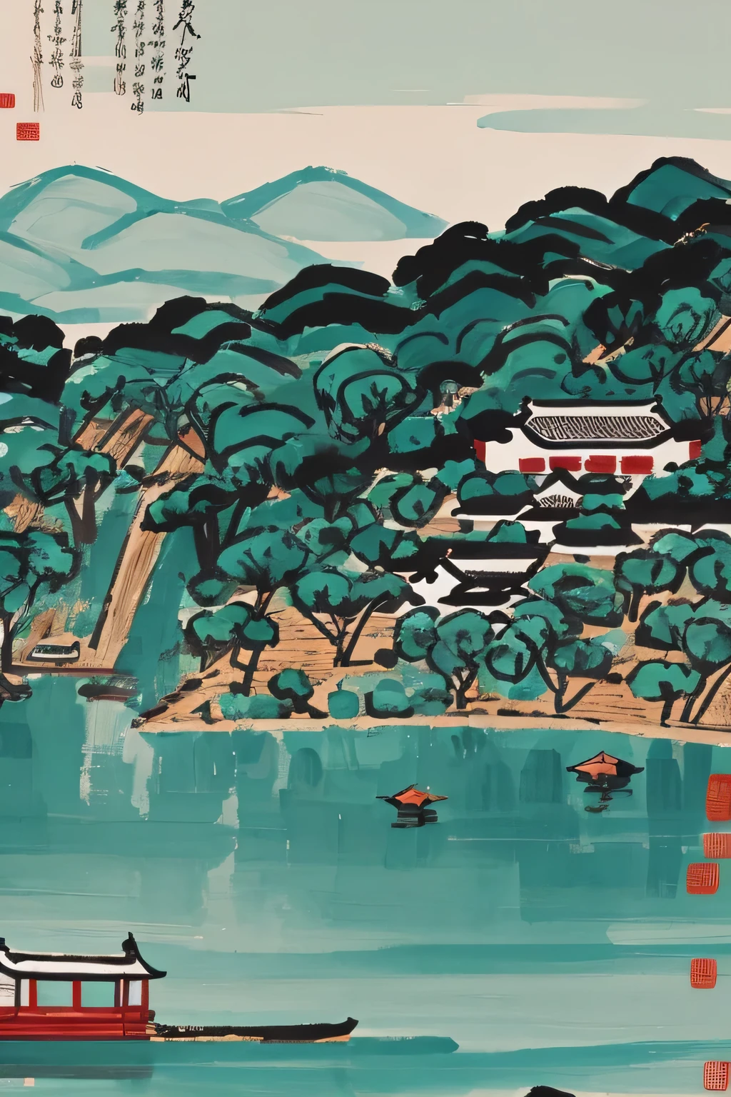 Wu Guanzhong style works,painting of a view of a lake with a village in the distance, by Wu Guanzhong, Inspired by Wu Guanzhong, by Cui Bai, qi sheng luo, landscape in background, village,