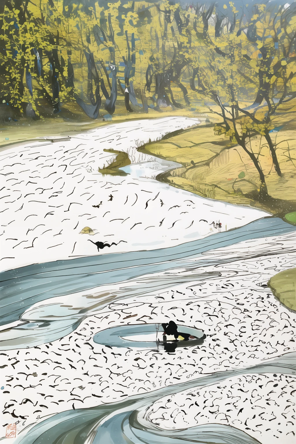 venue, river, willow,Wu Guanzhong
