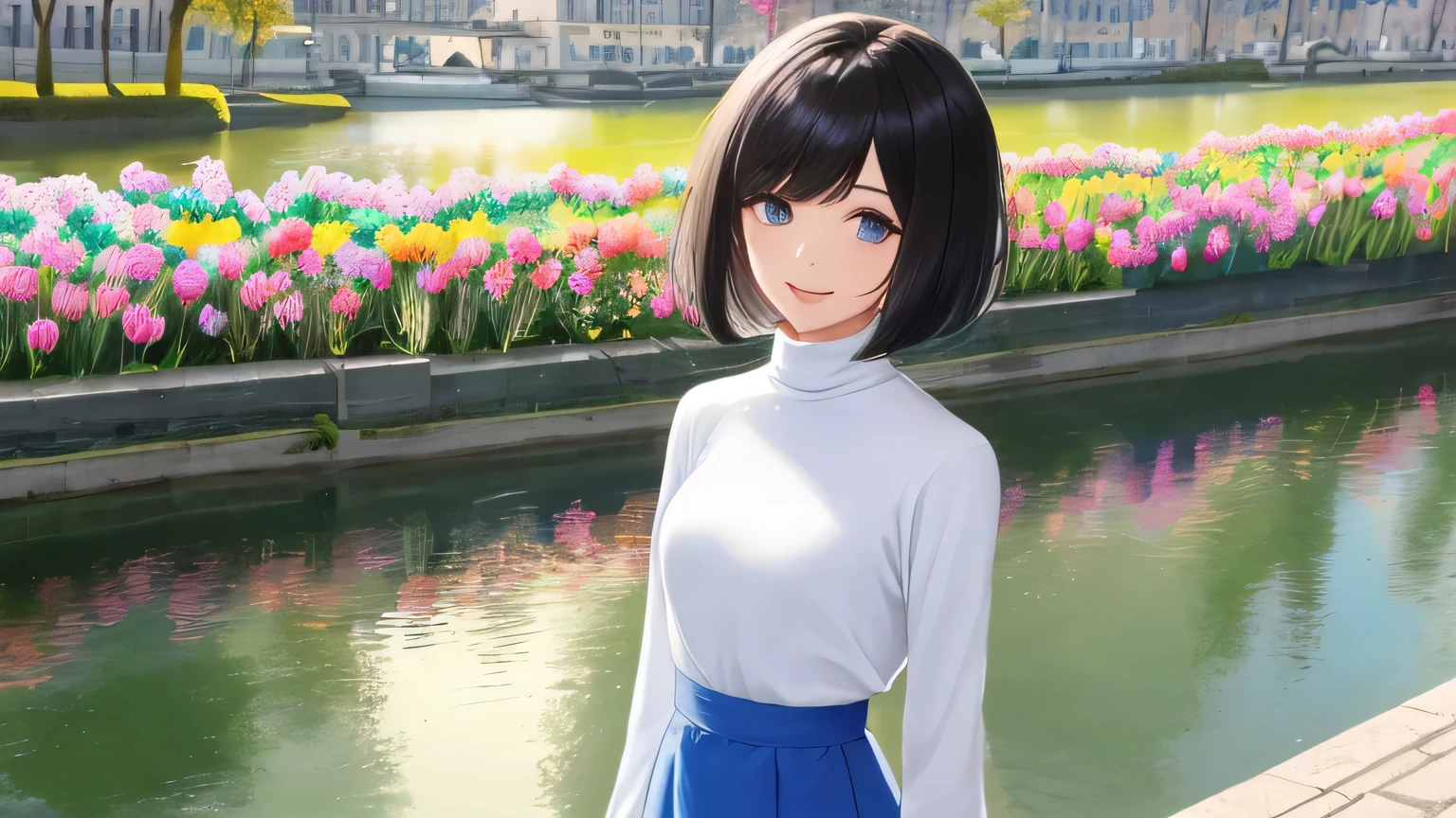 1 female、28 years old、美New髪, black hair、shortcut、bob cut、Rin々New、slanted eyes、eyeliner is clear、light blue eyes、long face、big smile、small bust、white long sleeve turtleneck、Blue flared skirt、your back is towards us、Stroll along the canal lined with tulips、Reflection from the waist up