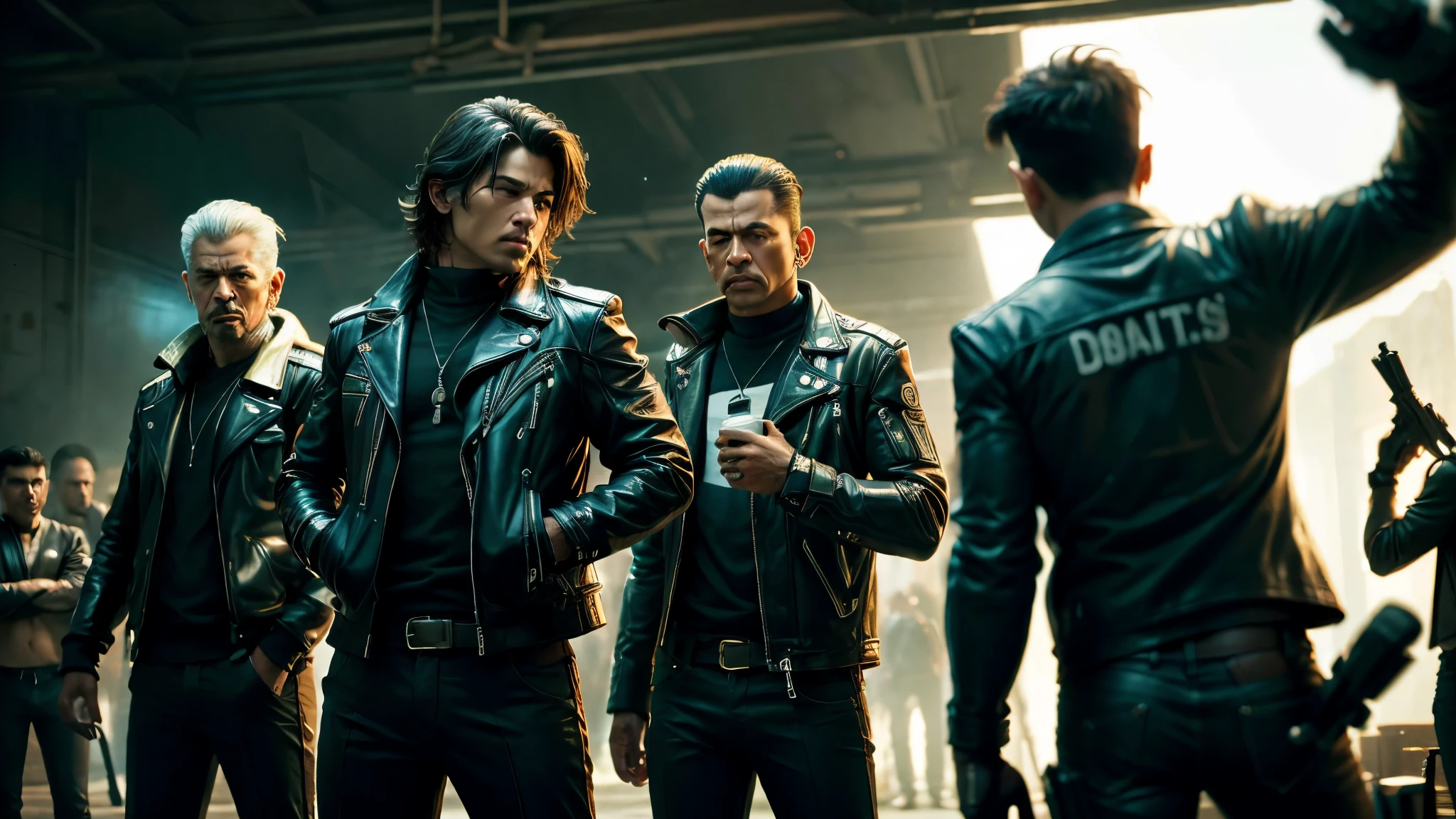 best quality, ultra high resolution,masterpiece, A man wearing a black leather jacket,A shootout scene with a Mexican gang