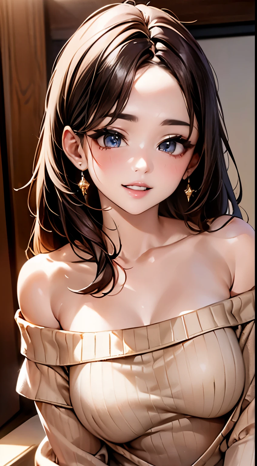 masterpiece:1.2, 8k, real, photorealistic:1.37, Super detailed,
1 female, Japanese, 22 years old, looking at the viewer:1.5,
detailed and beautiful eyes, adorable smile,Medium chest, white skin skin,
(fine brown off-shoulder sweater:1.3), daytime,