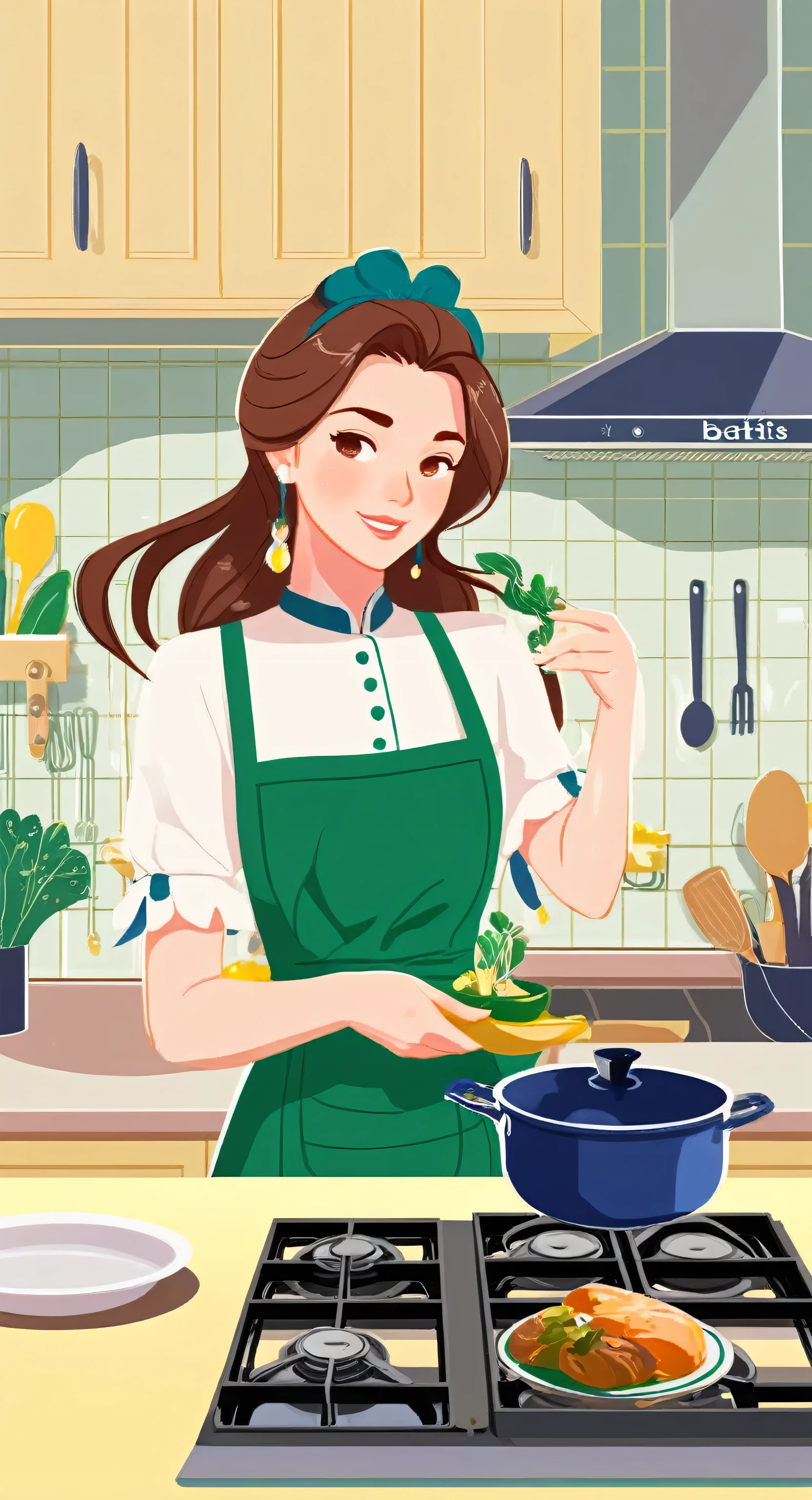 a work of art, kitchen, 2D game art style, unique girl, Dmitry Vishnevsky, dark blue and emerald green, warm and cute, editorial illustration, Zeiss Batis 18mm f/2.8