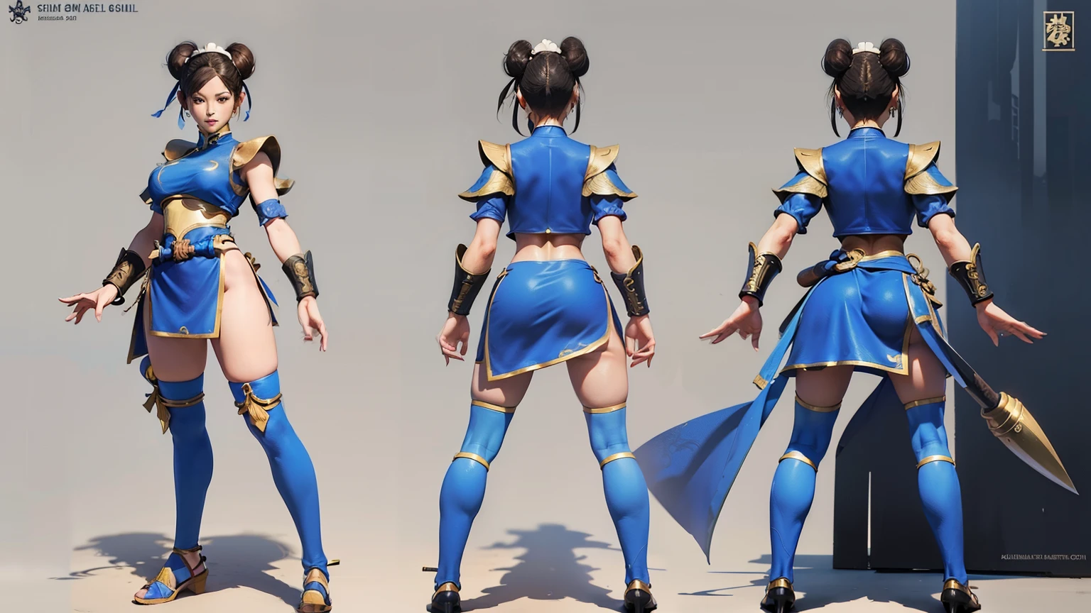 ((character turnaround sheet)), short hair, ((slim waist, wide hips and thighs)), chun li, high quality, beautiful, different facial expressions, ((full body, back shot, side view))