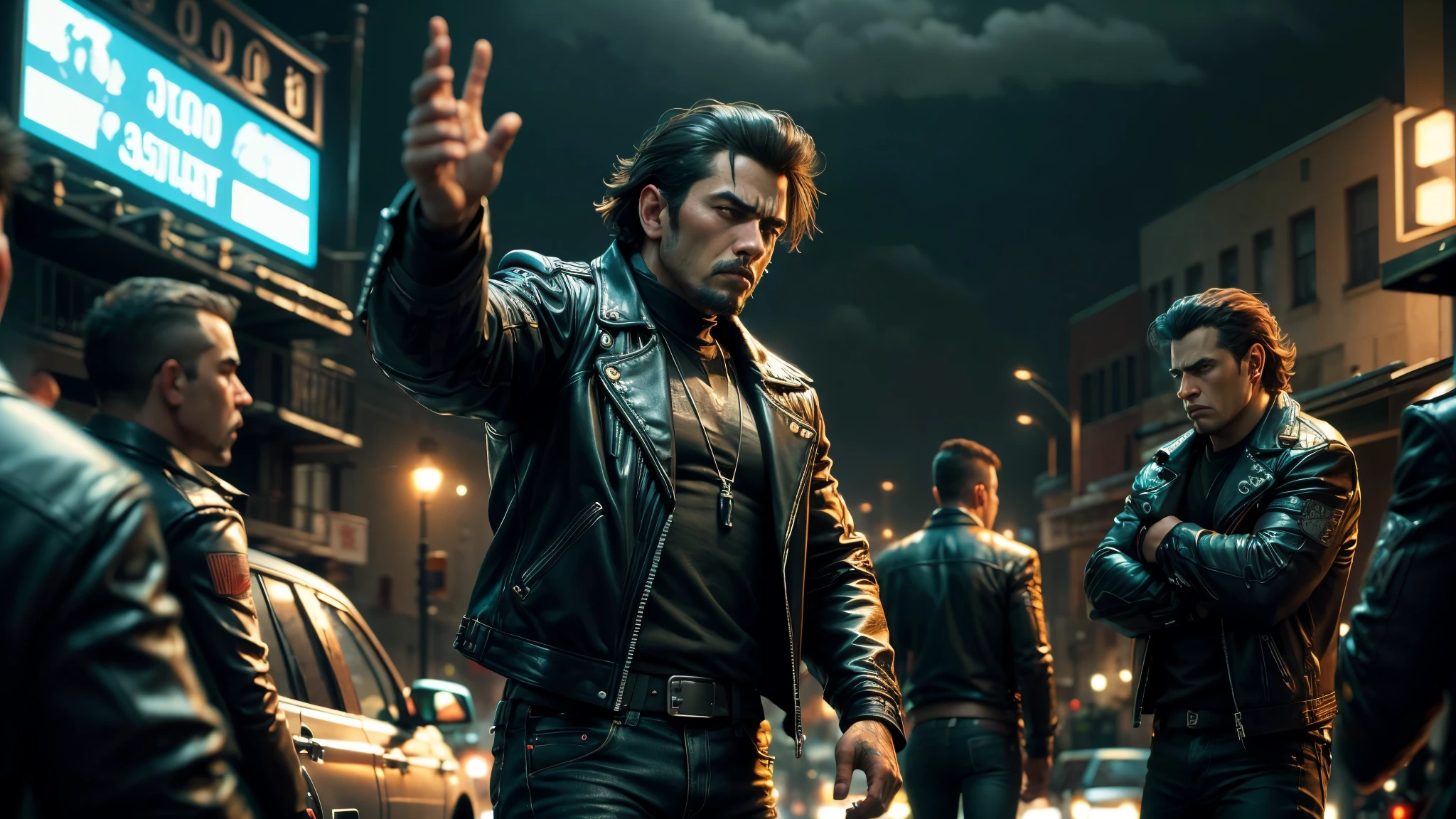best quality, ultra high resolution,masterpiece, A man wearing a black leather jacket,A shootout scene with a Mexican gang on the street