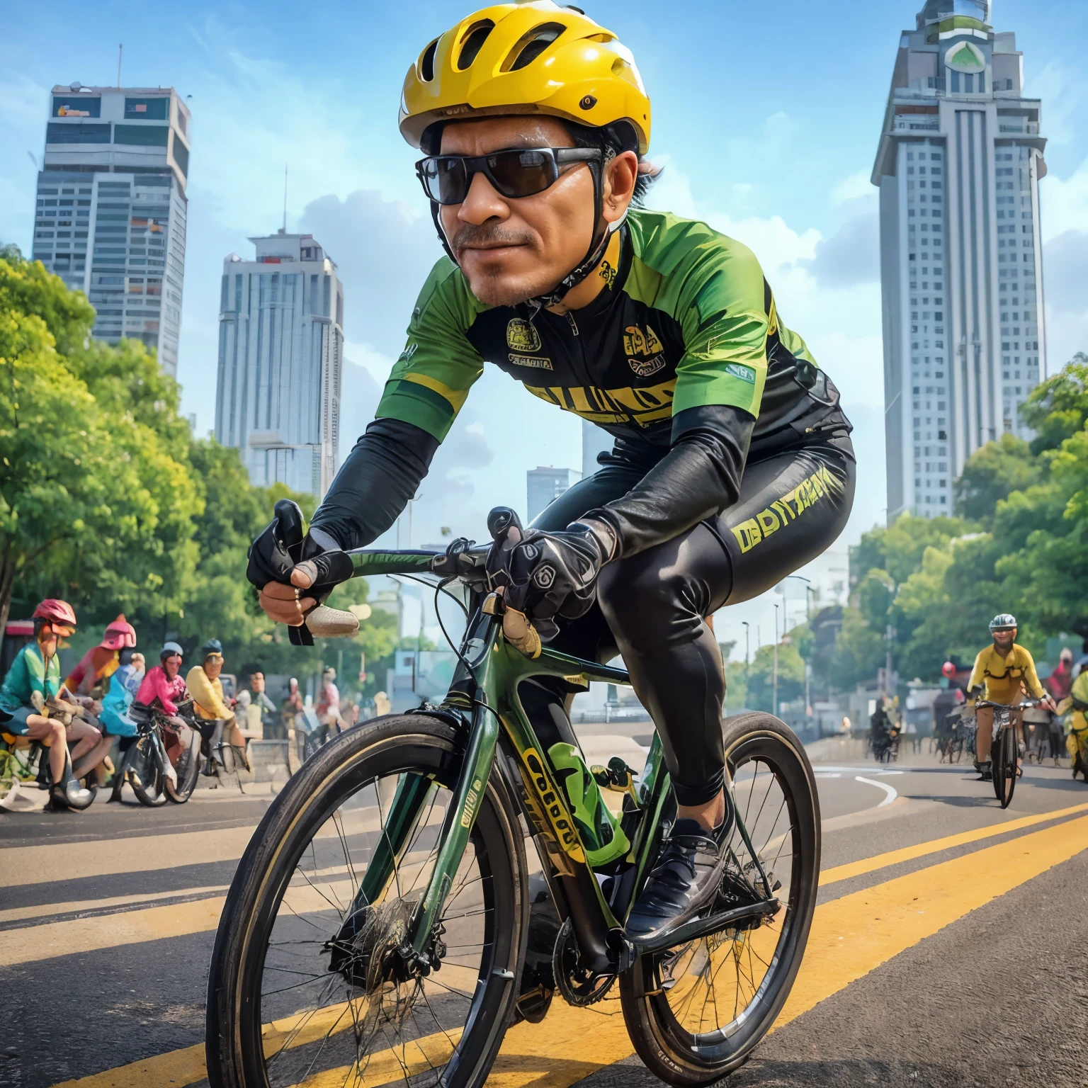 "4D caricature, 40 years old Indonesian man, wearing a yellow bicycle helmet, wearing a long sleeve jersey with a mix of black and army green colors, wearing bicycle gloves, long pants, riding a roadbike that is turning, on a city street, Indonesian road background, hyper-realistic, high contrast, high color effect, 8K, detailed, focused"