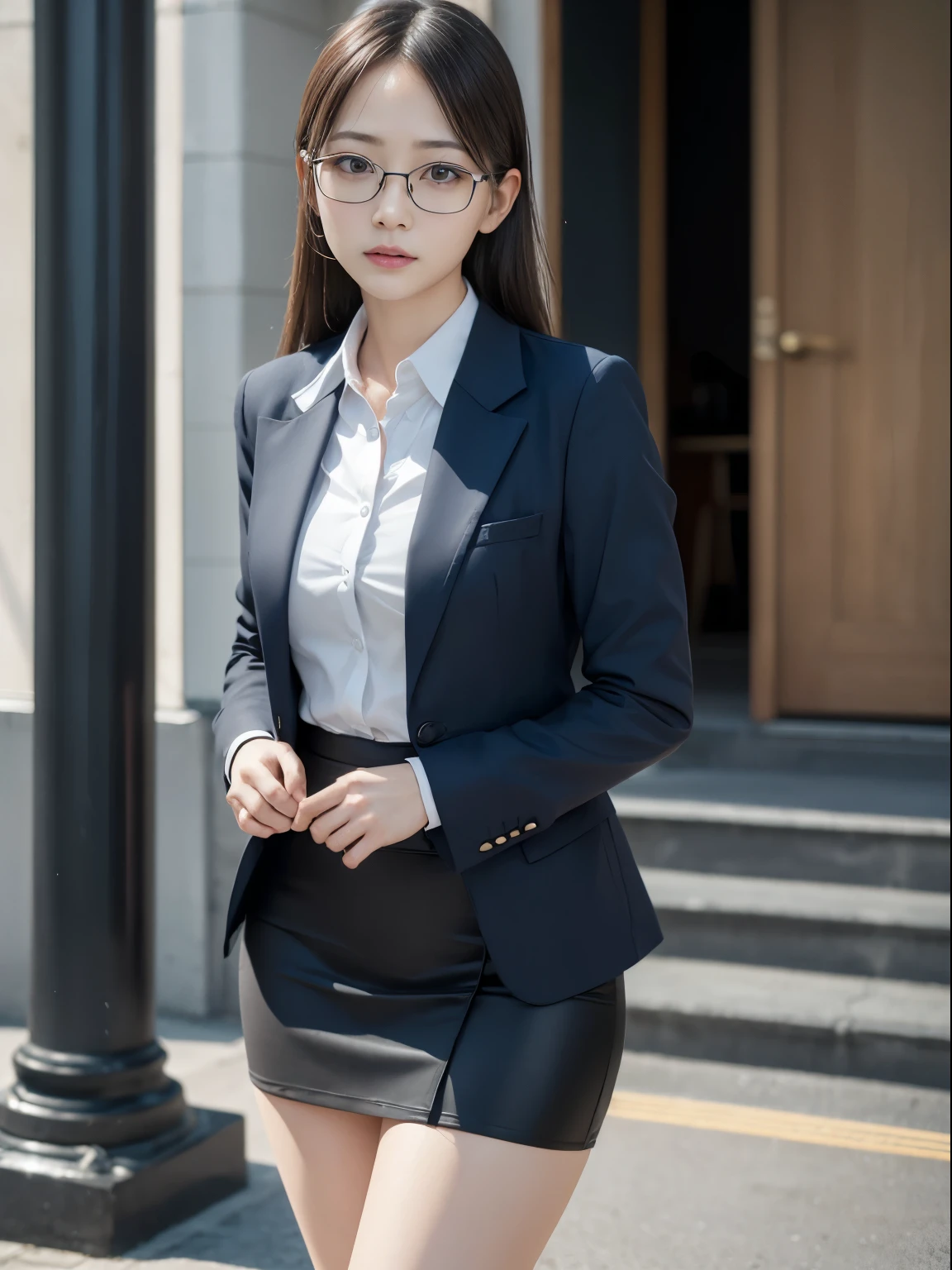 alone、solo、OL in her 20s in office uniform posing for a photo、victory、Tsundere、Single knot、OL、suit、blue mini skirt、anger、small、Glasses、slim girl model photo、physical:the smallest middle-aged man in history、female model、Japanese female fashion model、(8k、RAW photo、highest quality、masterpiece:1.2)、(real、photorealistic:1.37)、Super detailed、Ultra high definition、office Street、 standing position、whole body、((((SEXY)))