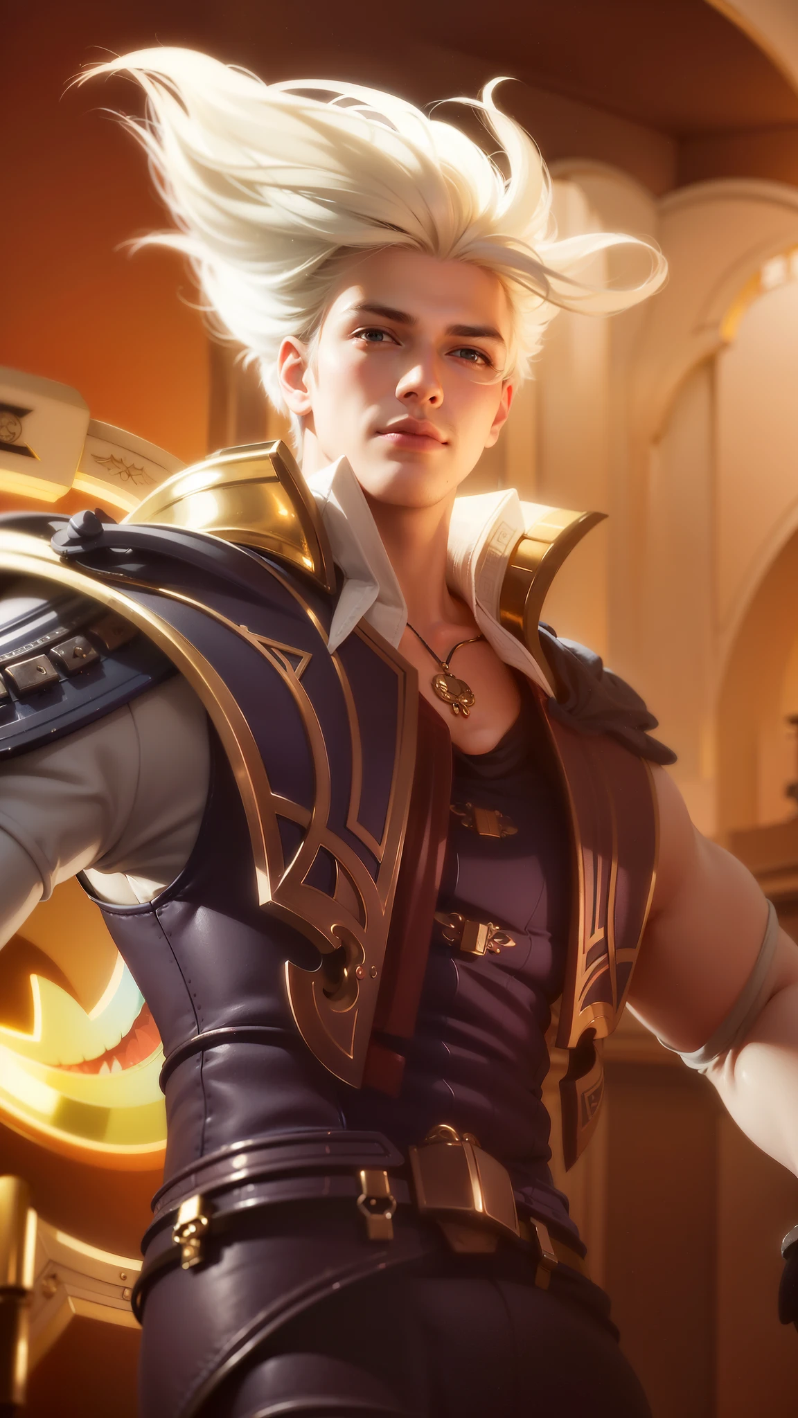 masculine male, masterpiece, ((perfect eyes)) best quality, (semirealism:1.9), beautiful lighting, (extremely detailed CG unity 4k fhd wallpaper), High Detail, Sharp focus, dramatic outdoors, 1 boy ,19 years old, white hair, light purpel eyes, smile.