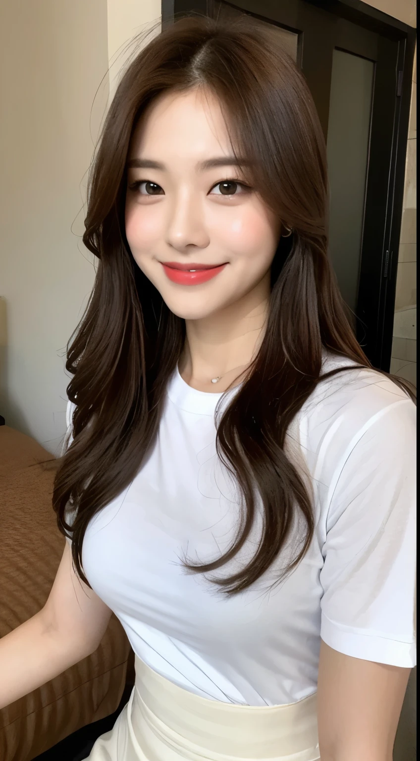 white tight shirt、white tight skirt、bed、smile、short sleeve、high resolution、Korean idol face