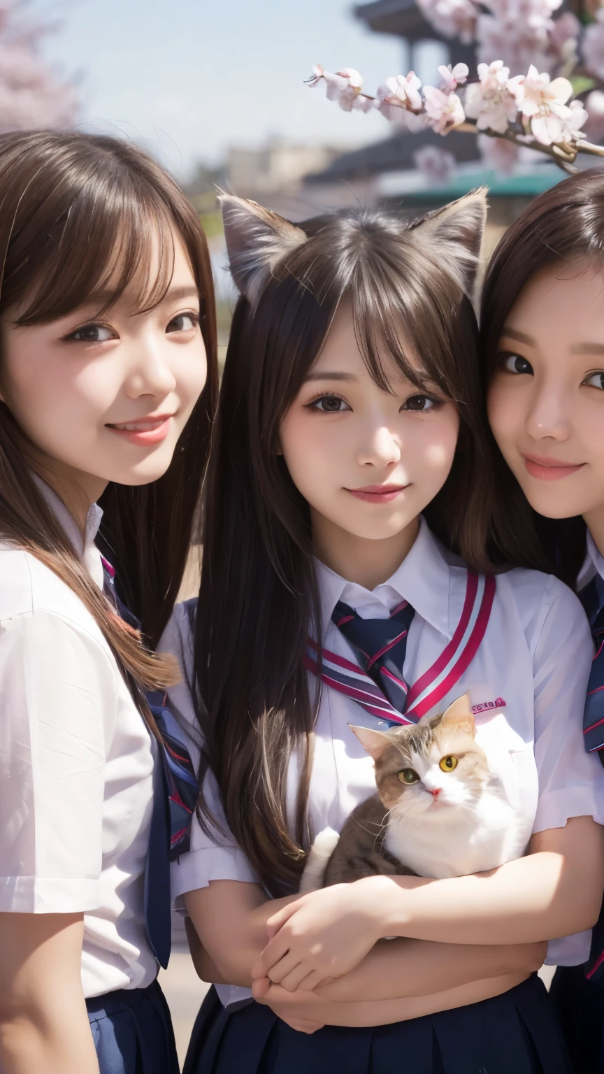 masterpiece, 4k, Bokeh, beautiful face, (multiple girls:1.4), Harem, group photo, Cat ear, medium bob hair, Pink school uniform, graduation, looking at the viewer, cherry blossoms, Upper body shot,