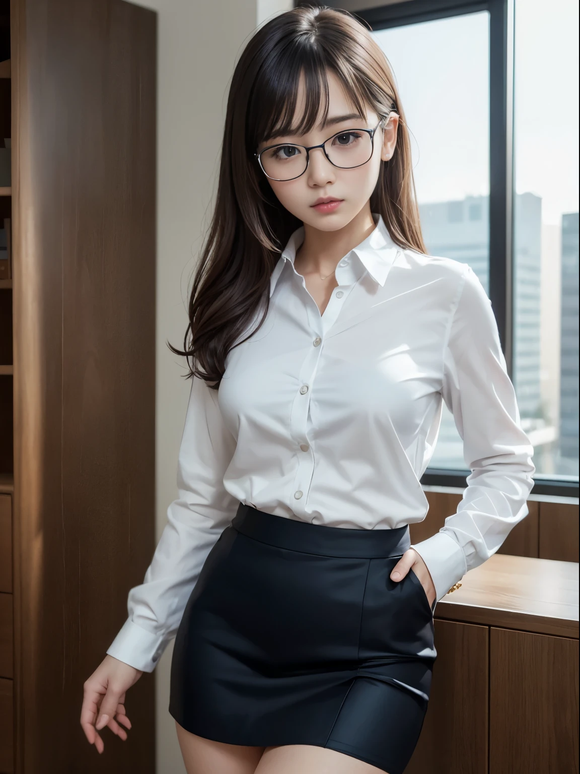 alone、solo、OL in her 20s in office uniform posing for a photo、victory、Tsundere、Single knot、OL、suit、blue mini skirt、anger、small、Glasses、slim girl model photo、physical:the smallest middle-aged man in history、female model、Japanese female fashion model、(8k、RAW photo、highest quality、masterpiece:1.2)、(real、photorealistic:1.37)、Super detailed、Ultra high definition、office Street、 standing position、whole body、((((SEXY)))