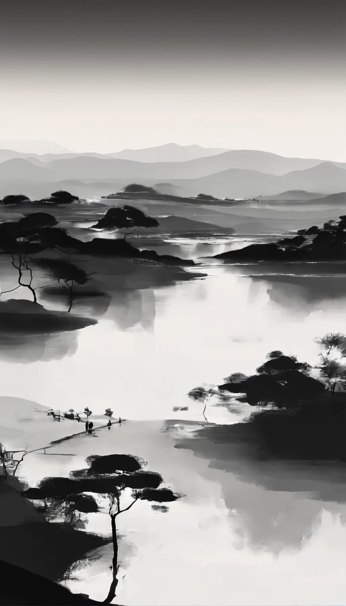masterpiece, landscape, best quality, Chinese martial arts style, an Asian night scene, large lake between meadows, night scene with light reflections, lake surface, beautiful night scene, ((((Chinese martial arts style)))), with a vast sky, meadows surrounding, ink wash style, contour light, atmospheric atmosphere, depth of field, rising fog, meadow, (no color), monochrome, light color,