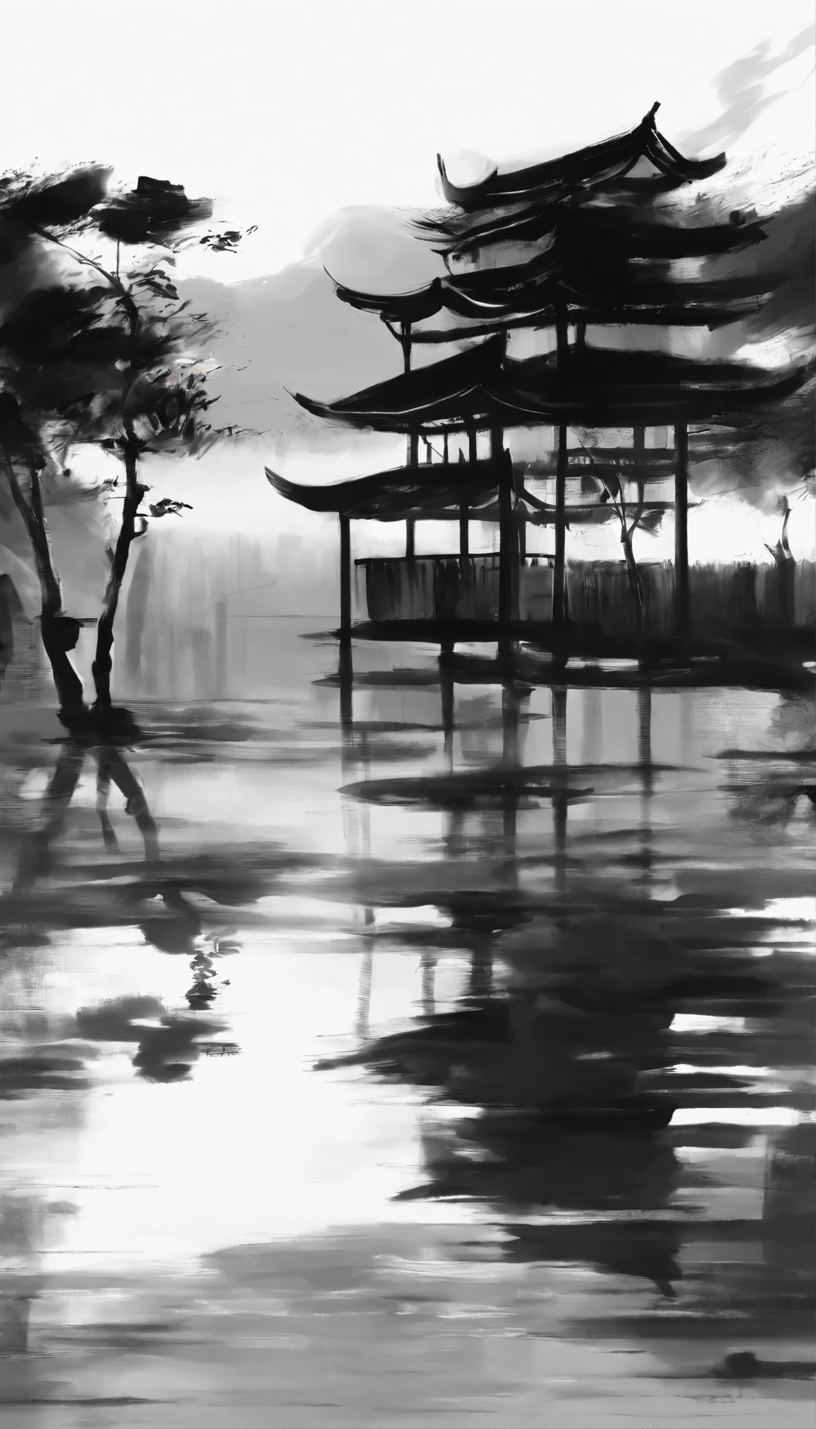 black and white tones，ink画，中国ink风格，吴冠中ink画，A combination of East and West，modern style，ink，ink，smudge，Modern residences in Jiangnan water town，black and white art，Wu Guanzhong style，Wu Guanzhong Art，Minimalism，8k，Super fine，Super realistic，masterpiece，masterpiece，best quality