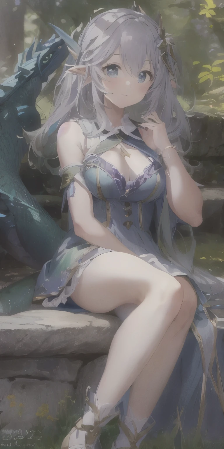 Masterpiece, Accurate Anatomy, Cute, the anime, Images of a woman in a dress, sitting on a stone bench, Black Purplish Dragon Sleeping Beside Her, Elf Girl, Charming elven princess, pixie, cute anime waifu in a nice dress, 8k Graphics High-quality detailed graphic masterpiece)), Top Quality, accuracy, ((((super details))))