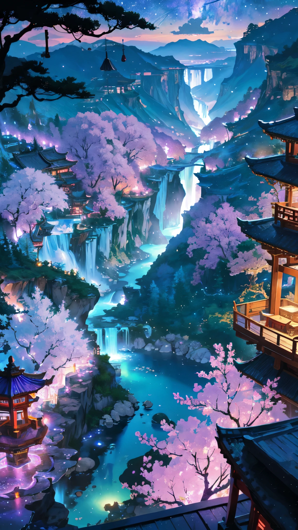 incense burner,Purple smoke,waterfall,Milky Way,Li Bai drank