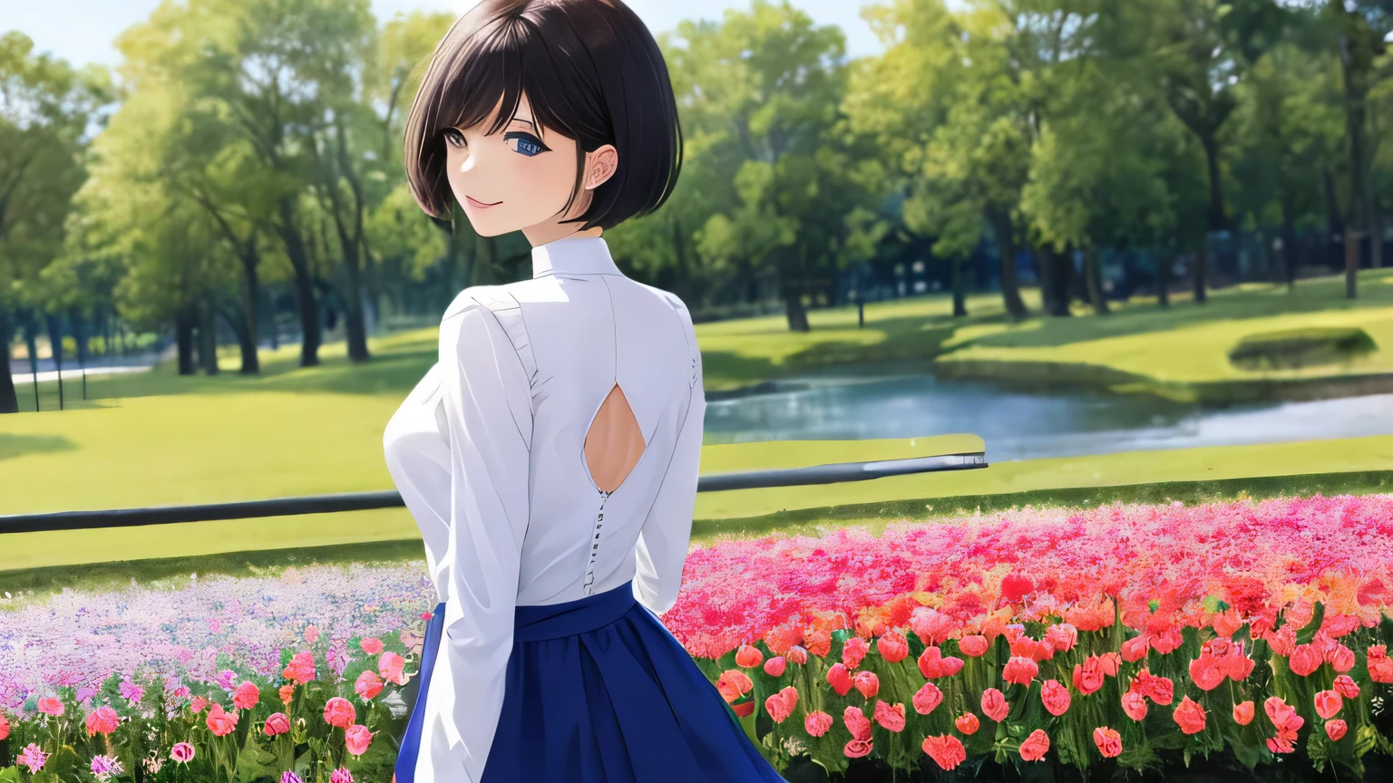 1 female、28 years old、美New髪, black hair、shortcut、bob cut、Rin々New、slanted eyes、eyeliner is clear、light blue eyes、long face、big smile、small bust、white long sleeve turtleneck、Blue flared skirt、your back is towards us、Stroll through a park with windmills and tulips in the Netherlands、Reflection from the waist up