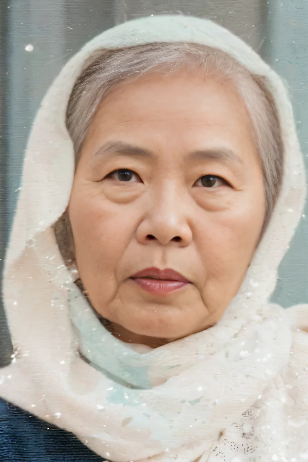 there is a woman with a scarf on her head and a scarf around her neck, inspired by Ruth Jên, vietnamese woman, photo of a woman, close-up portrait film still, asian woman, old woman, grainy photo of an ugly woman, mai anh tran, asian face, an asian woman, old lady, migrant mother