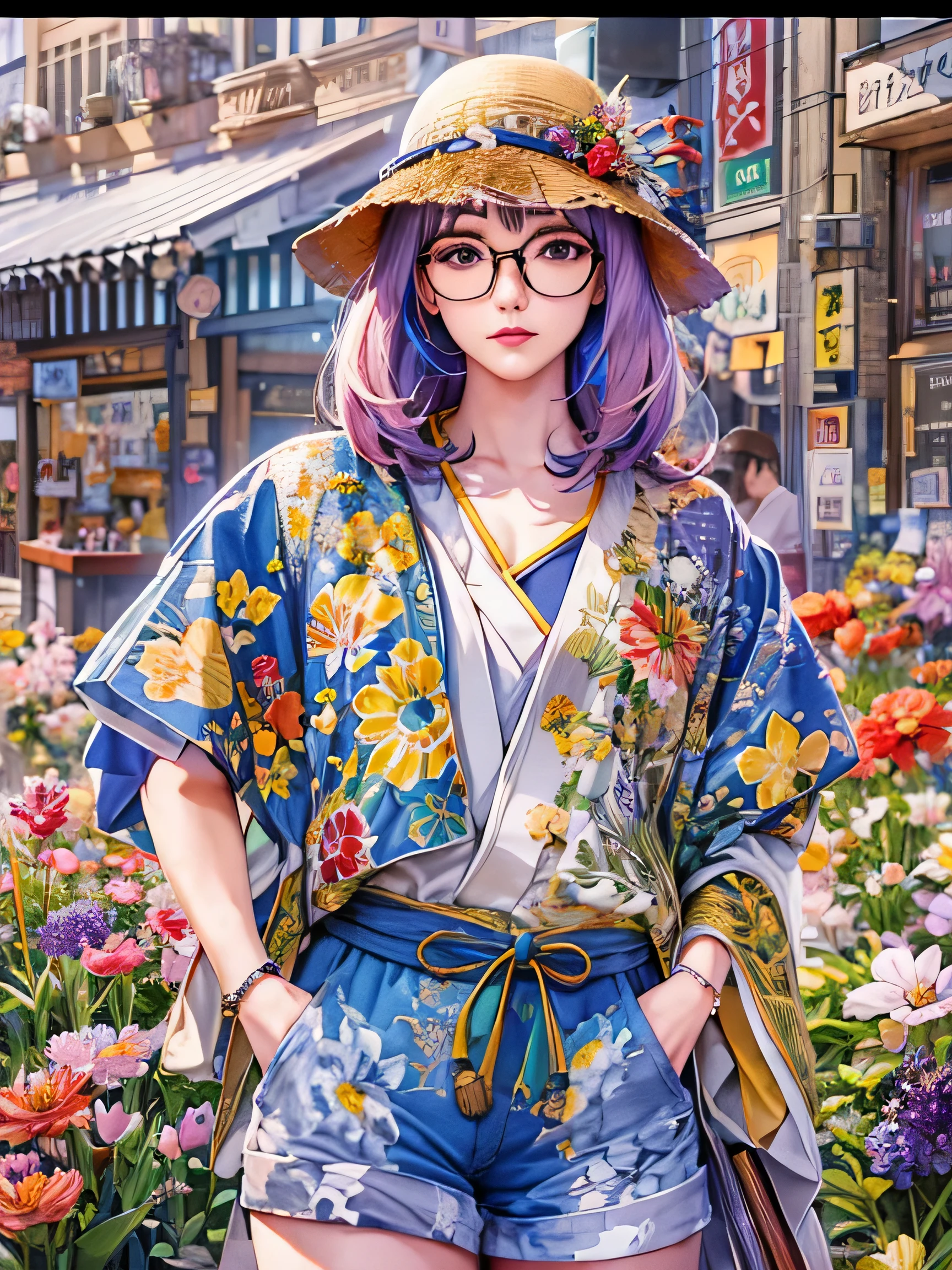 8K quality, watercolor painting, stylish design, (((The strongest beautiful girl of all time))), (((Japanese)))、AKB48、stylish glasses, Fashionable hats, (((highest quality))), bob hair, HDR, ((Detailed details)), sexy clothes, detailed clothing texture, (((spring street corner))), colorful hair, ((masterpiece))、((Super detailed))、colorful flowers、