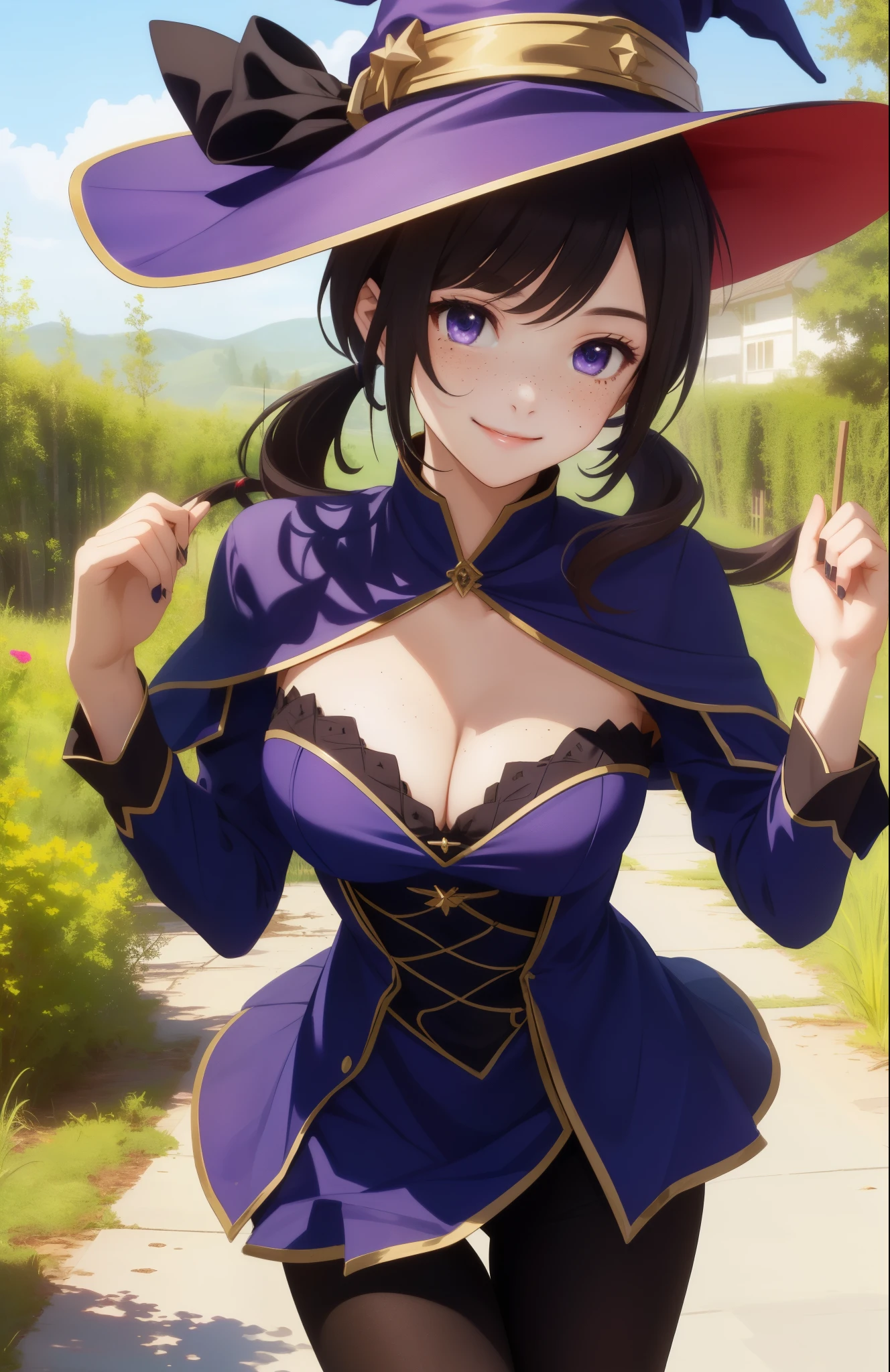 perfect eyes:1.2, detailed eyes:1.4, short hair, low twintails, twintails, black hair, freckles, purple eyes, smile, sexy, pantyhose, witch hat, cleavage, outdoors, cowboy shot, 1girl, solo, (masterpiece:1.6, best quality),