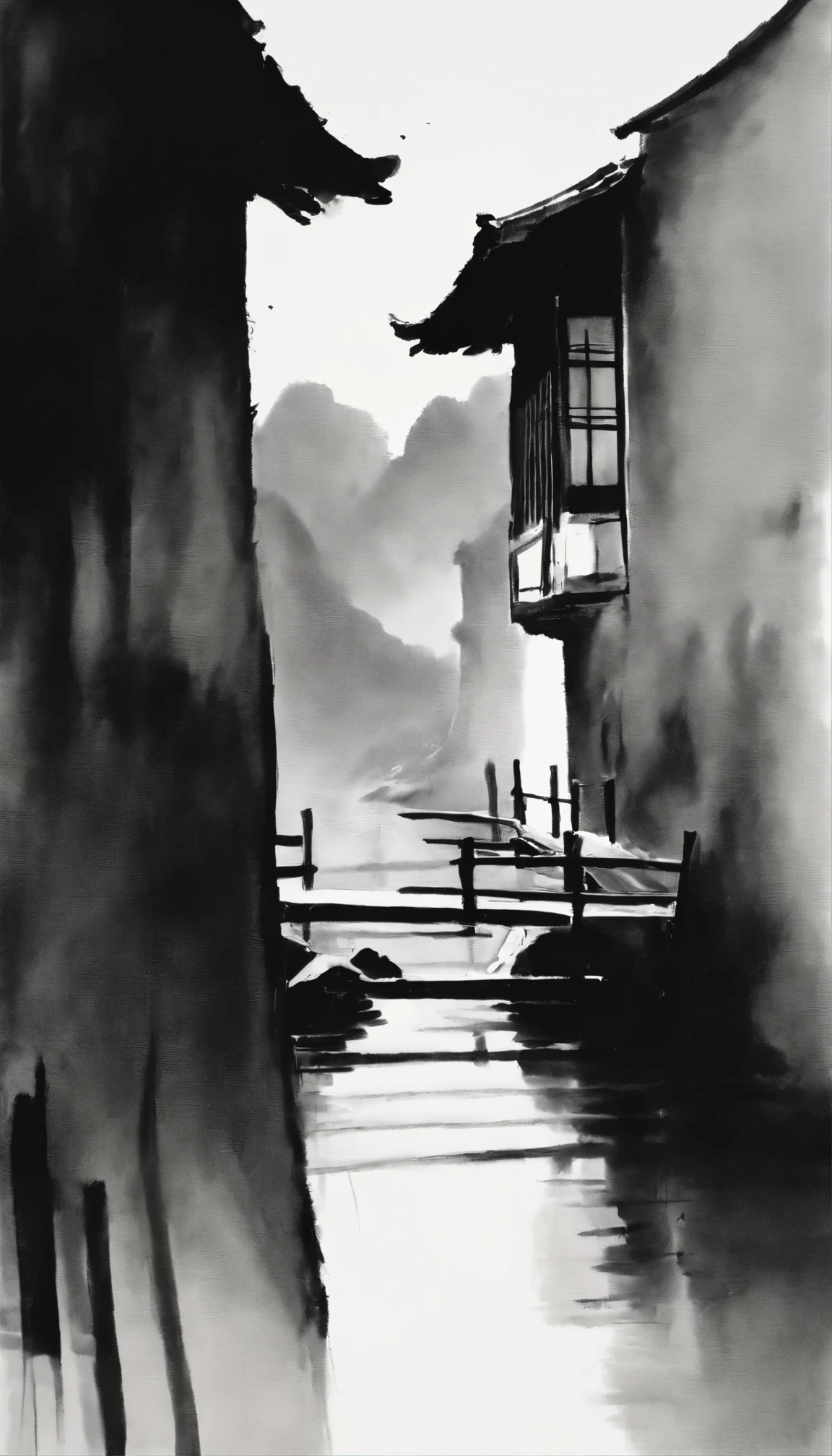 black and white tones,ink画,中国ink风格,吴冠中ink画,A combination of East and West,modern style,ink,ink,watercolor style,smudge,Jiangnan water town dwellings,black and white art,Wu Guanzhong style,Wu Guanzhong Art,Minimalism,8k,Super fine,Super realistic,masterpiece,masterpiece,best quality