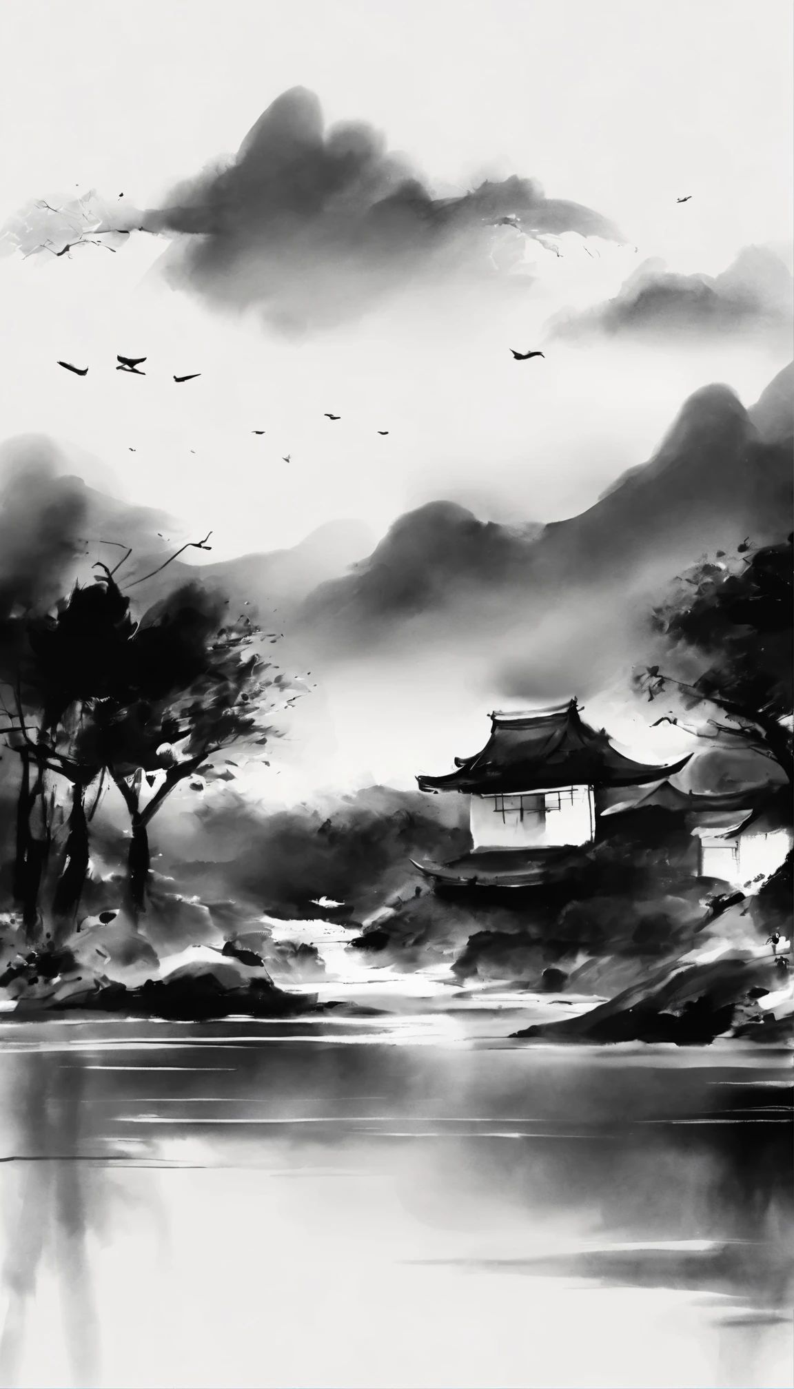 black and white tones,ink画,中国ink风格,吴冠中ink画,A combination of East and West,modern style,ink,ink,watercolor style,smudge,Jiangnan water town dwellings,black and white art,Wu Guanzhong style,Wu Guanzhong Art,Minimalism,8k,Super fine,Super realistic,masterpiece,masterpiece,best quality