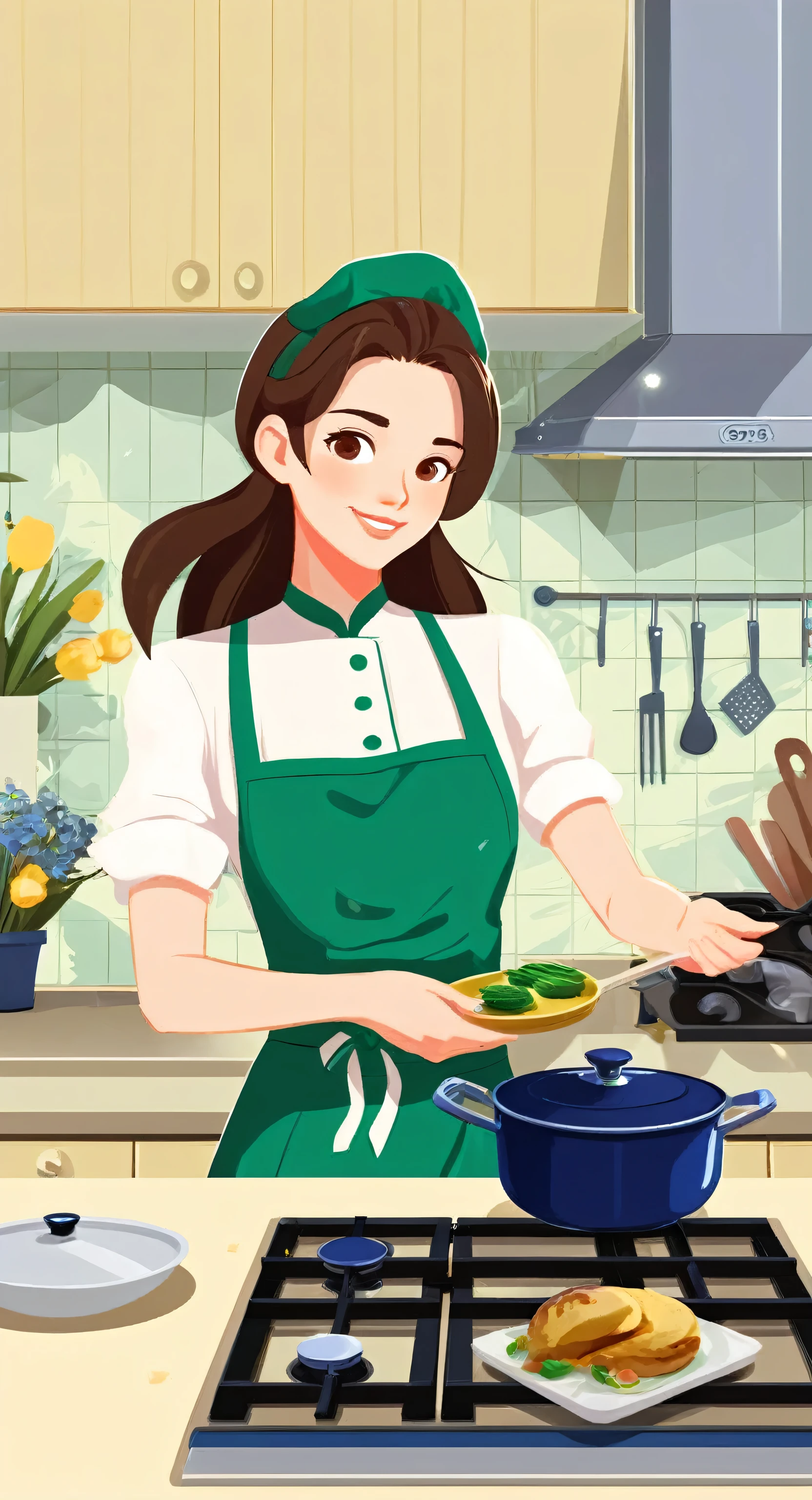 a work of art, Kitchen for cooking, 2D game art style, unique girl, Dmitry Vishnevsky, dark blue and emerald green, warm and cute, editorial illustration, Zeiss Batis 18mm f/2.8