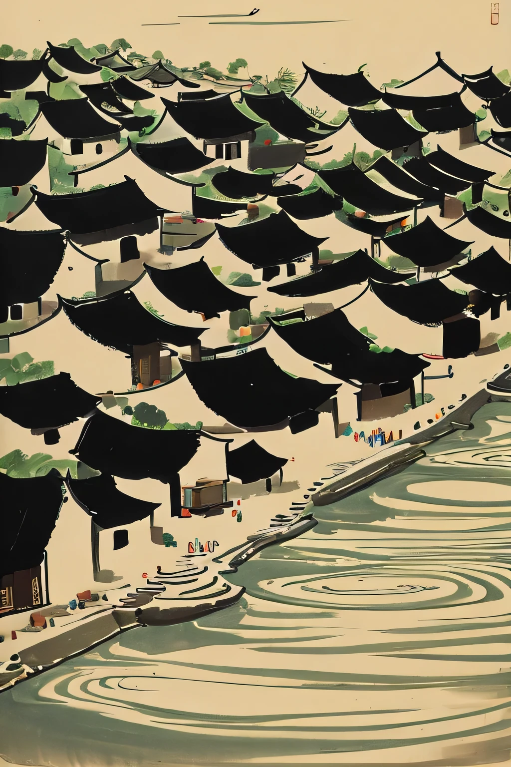 painting of a chinese village with a river and a bridge, inspired by Wu Guanzhong, by Wu Guanzhong,