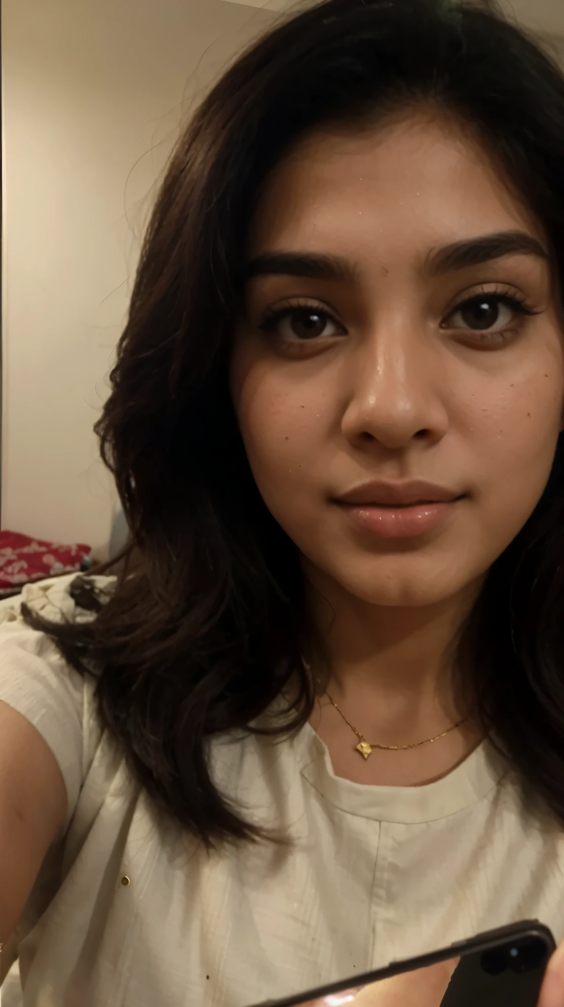 Pakistani actress, pinterest, taking a selfie, Indonesia bedroom background, hand hidden, light skin, no hand shown, half body, close up, in her bed, ((selfie)), ((close up)), ((17 years old)), 17 yo, gold necklace, teenager, young, white skin, tight