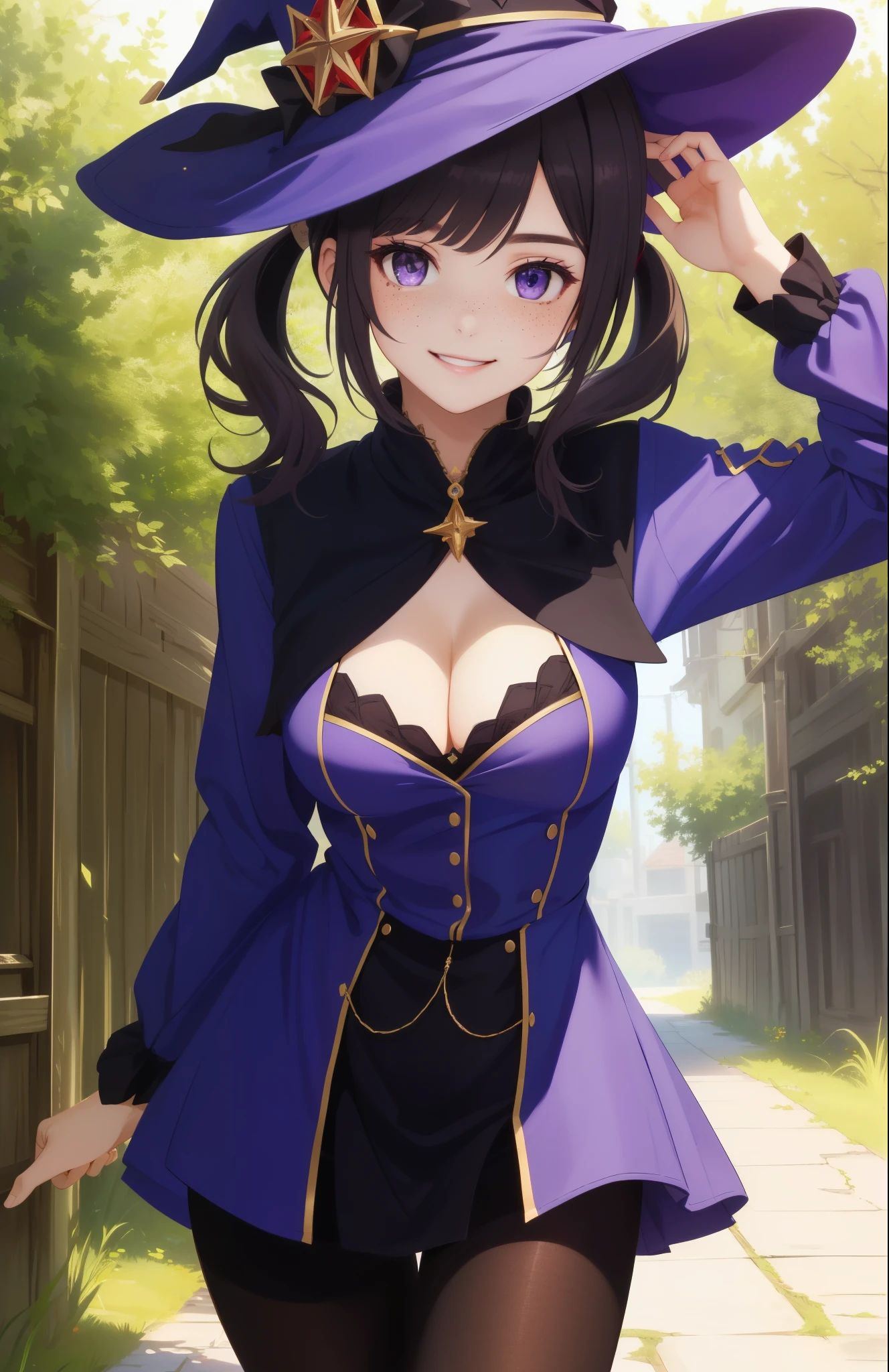 perfect eyes:1.2, detailed eyes:1.4, short hair, low twintails, twintails, black hair, freckles, purple eyes, smile, sexy, pantyhose, witch hat, cleavage, outdoors, cowboy shot, 1girl, solo, (masterpiece:1.6, best quality),