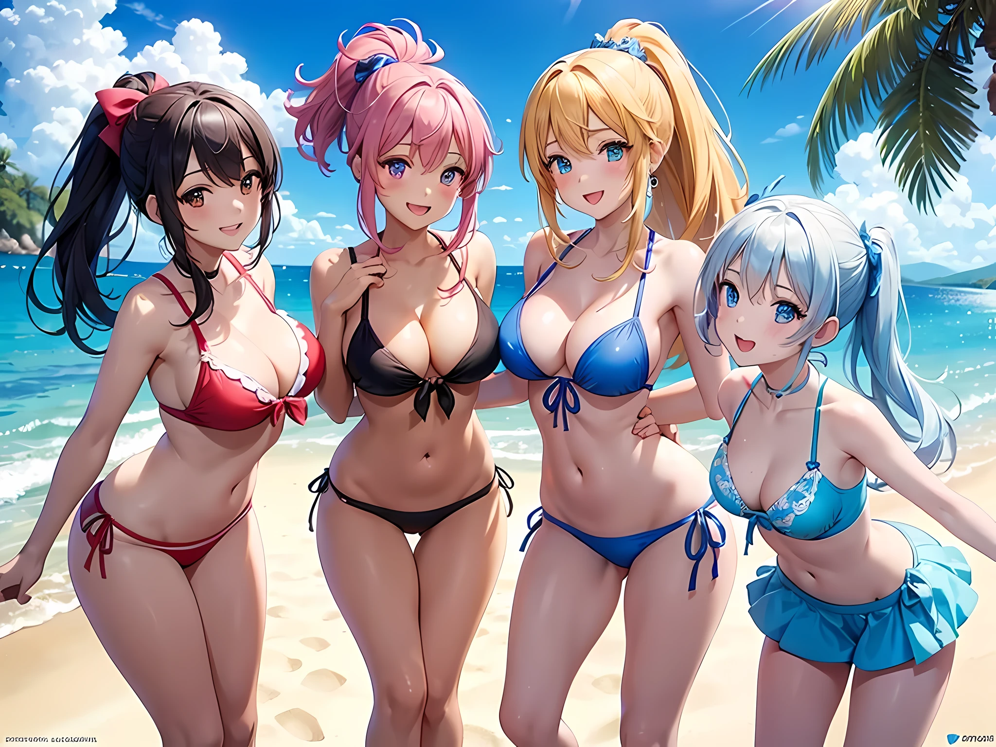 (anime screencap:1.2), (best quality, ultra-detailed, paintings, studio lighting, vivid colors, beautiful detailed eyes, beautiful detailed lips, (4 cute girls:1.3), ponytail style, (colorful eyes), (accessories), colorful bikinis, summer fun, beach side scene, (playful poses), joyful expressions, colorful background, warm sunlight, soft shadows, standing, ((from front)), smile, (blush),