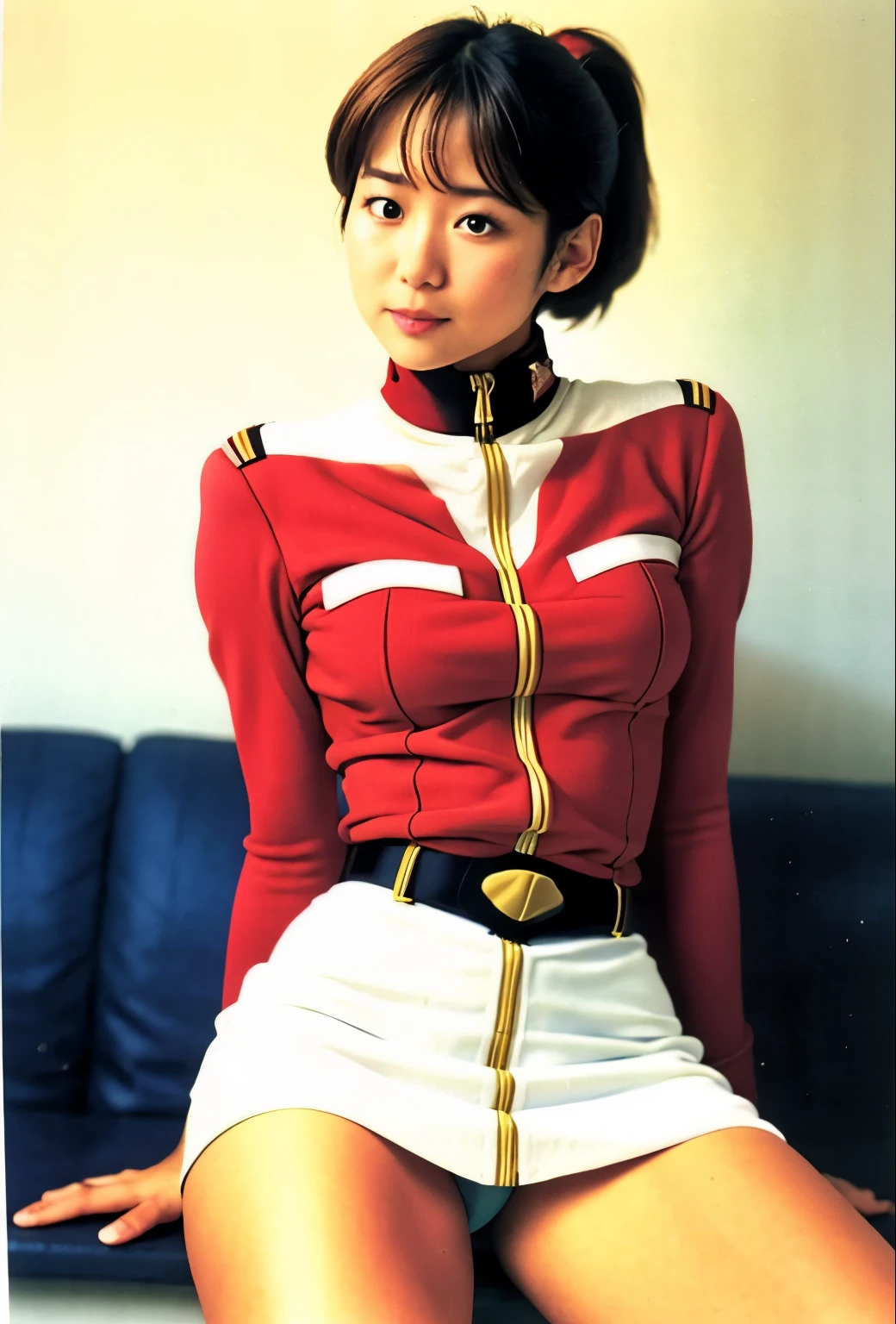 real photos、Highest imYear quality、Beautiful woman、beautiful thighs、beautiful face、real imYear、federal army uniform miniskirt、ponytail、Yuriko Yoshitaka、Year日本人女性、Mrs. Bowe、pretty girl、white pantiesが丸見え、1６Year、（white panties:1.3）、super mini skirt、beautiful thighs、white panties、赤いミニスカートがめくれてwhite pantiesが見えてる