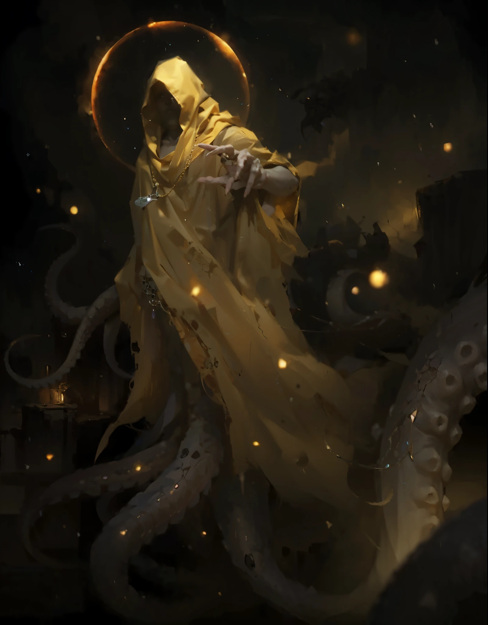 black cultist with yellow mask, surrounded by yellow tentacles and mist