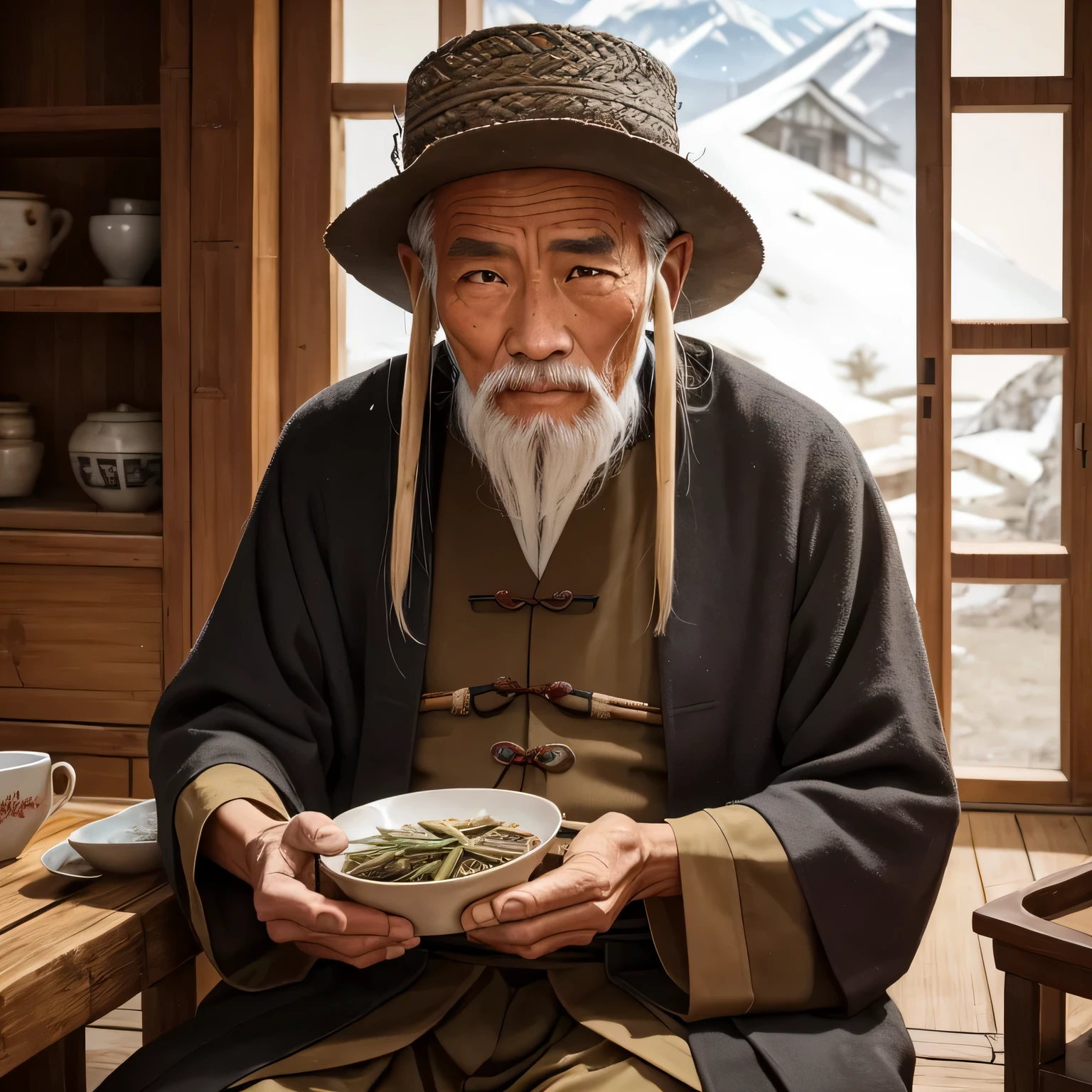 head of an ancient chinese old man,han wore a long worn horse coat.,Sitting in a house deep in the mountains,I have a lot of bamboo jane at home..。 My face is wrinkled,han'To a wise man.,My face becomes clearer and clearer.,shabby long horse coat