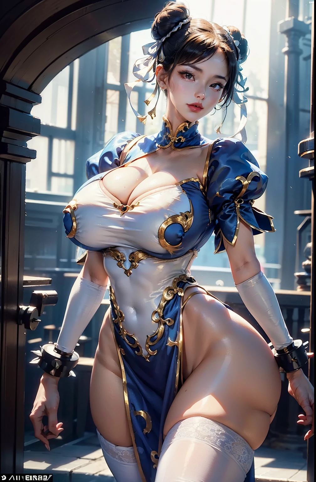 Best Quality, Masterpiece, Ultra High Resolution, 1Girl, Mature, Film Lighting, chun li attractive, sheer white lingerie, seductive, white skin,  breasts, standing up looking to the side, profile view ((slim waist, wide hips and thighs, perfect beautiful seductive physique)), full body