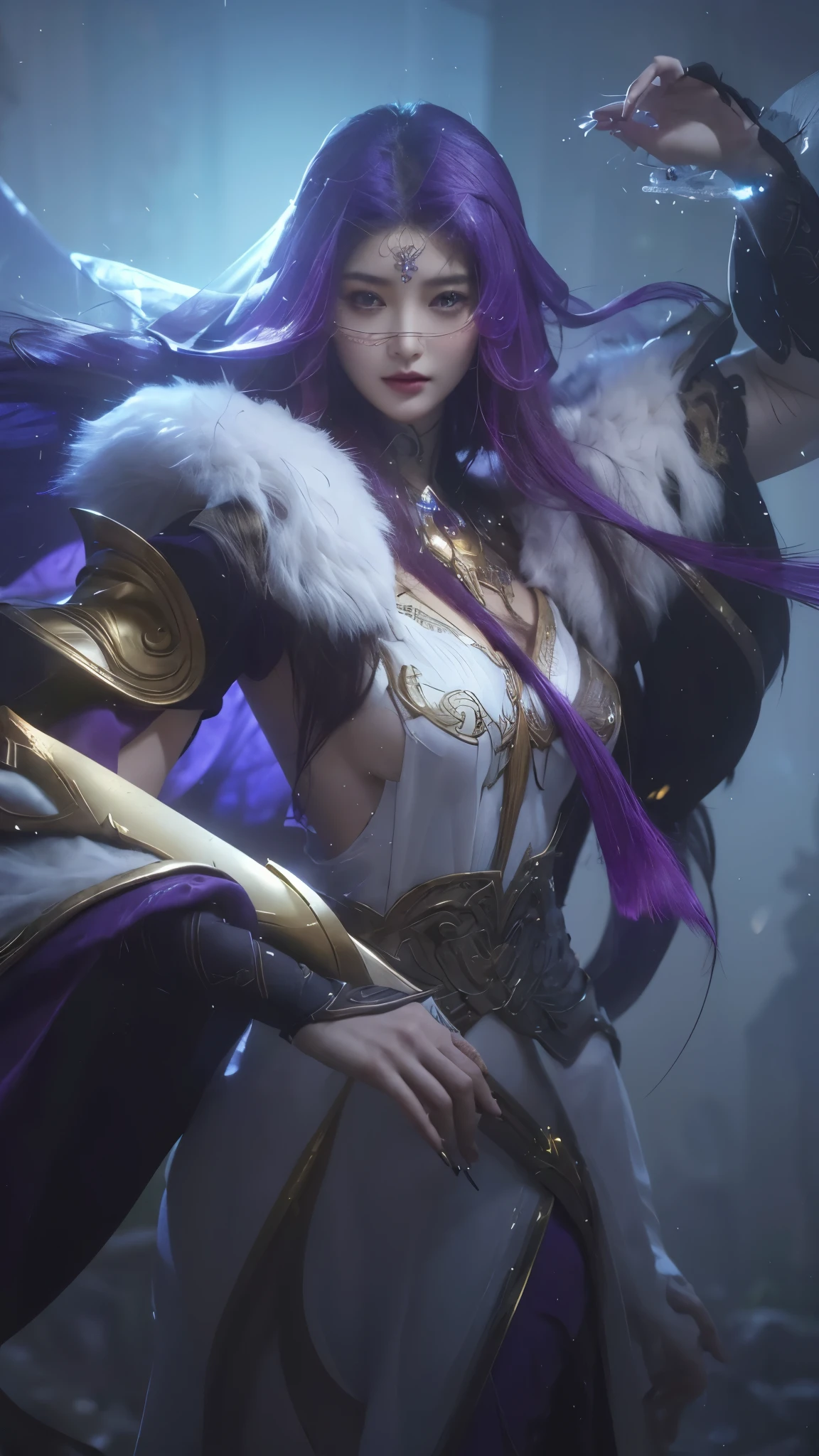 (best quality,4k,highres,masterpiece:1.2),ultra-detailed,realistic,beautiful asian woman with (purple long hair and a feather in her shoulders), wearing a (white and gold dress, with face veil). Her eyes are (yellow), capturing attention with their mesmerizing charm. The woman's face is perfectly sculpted, showcasing delicate features and flawless skin. The lighting emphasizes her graceful appearance, casting soft shadows and highlighting her radiant complexion. The vibrant colors of the scene create a captivating atmosphere, with warm tones complementing the woman's elegant attire, hourglass body, medium breast