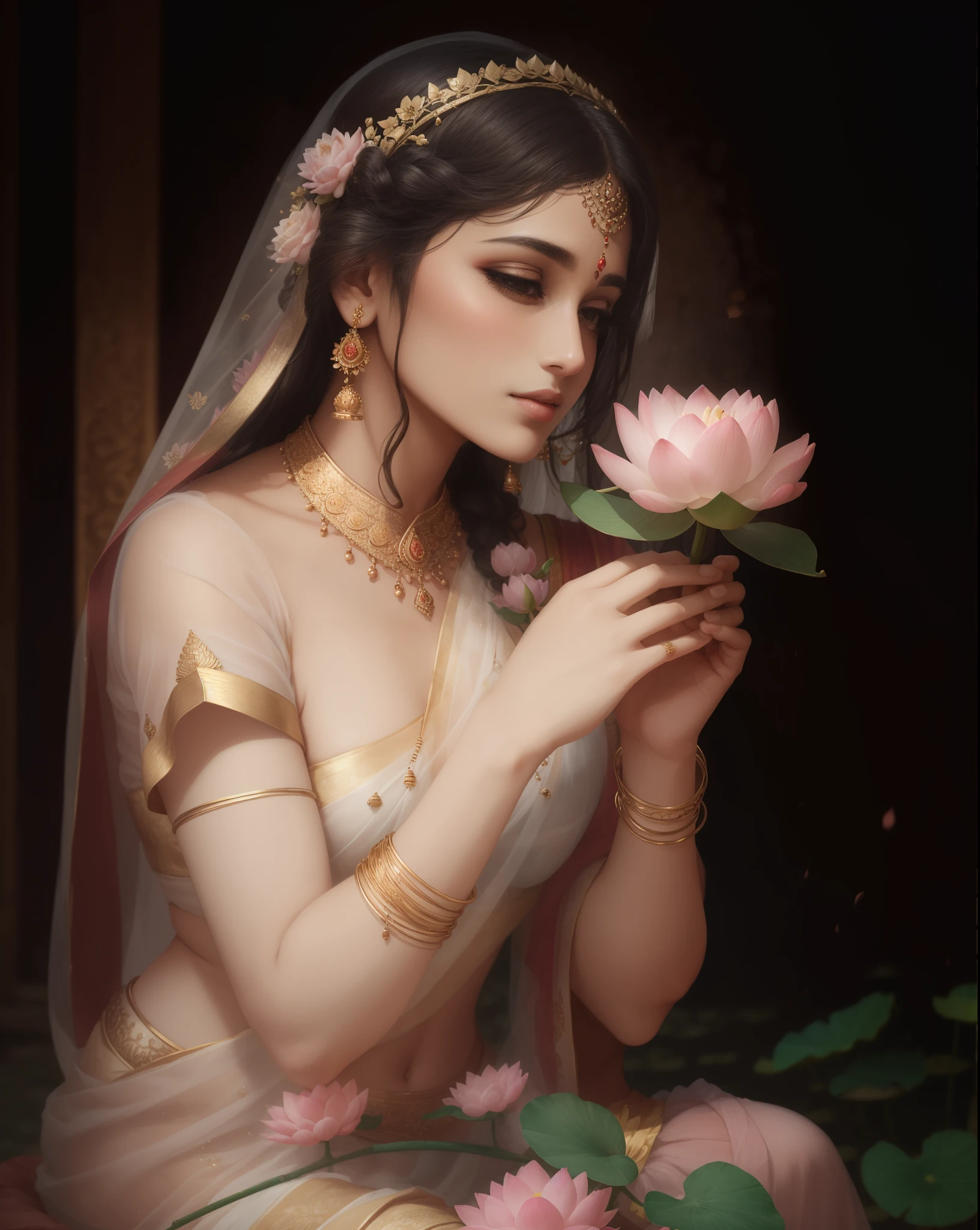 a woman in a white sari holding a pink flower, photoshoot for skincare brand, portrait of Sandeepa Dhar, photo of a hand jewellery model, traditional beauty, with lotus flowers, assamese aesthetic, indian goddess, fanart, hindu aesthetic, movie stills photography, gorgeous woman, lotus floral crown girl, beautiful cute, beautiful goddess, cute beautiful